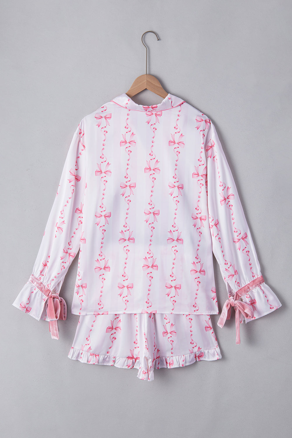 Blue Zone Planet | Pink Satin Bow Bell Sleeve Shirt and Ruffled Shorts Pajama Set-Loungewear & Sleepwear/Sleepwear-[Adult]-[Female]-2022 Online Blue Zone Planet