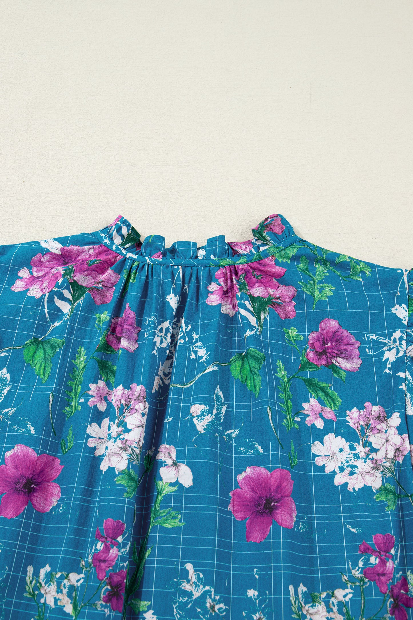 Blue Floral Flutter Sleeve Button Tie Split Neck Belted Long Dress-TOPS / DRESSES-[Adult]-[Female]-2022 Online Blue Zone Planet