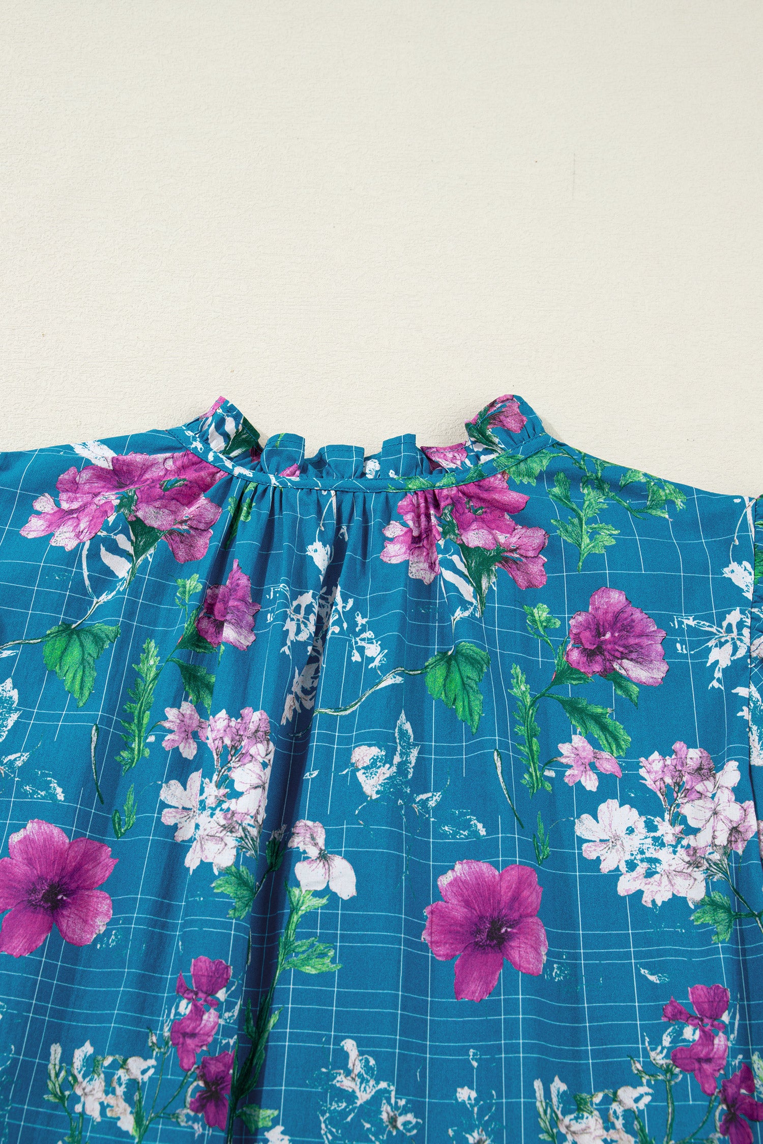 Blue Floral Flutter Sleeve Button Tie Split Neck Belted Long Dress-TOPS / DRESSES-[Adult]-[Female]-2022 Online Blue Zone Planet