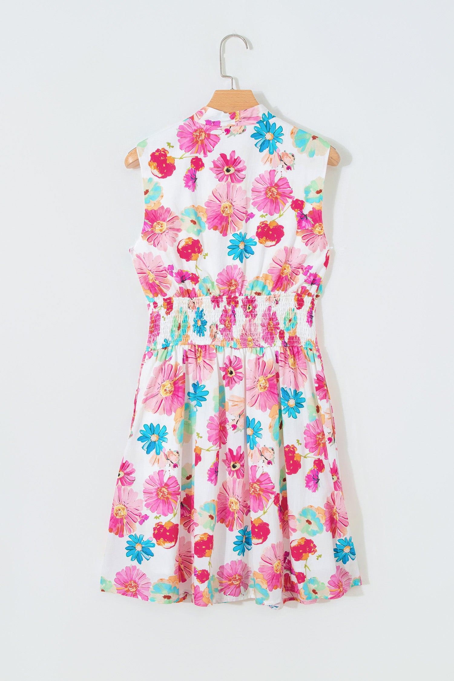 Pink Adorable Floral Print V Neck Zip Up Smocked Waist Flared Mini Dress-TOPS / DRESSES-[Adult]-[Female]-2022 Online Blue Zone Planet