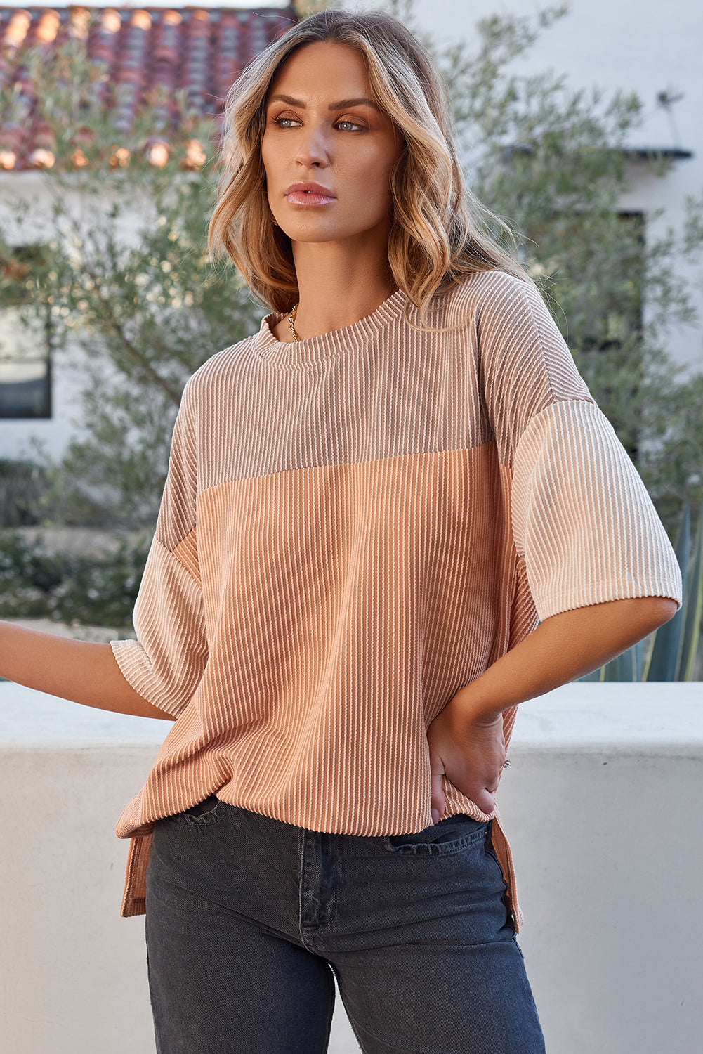 Pink Color Block Ribbed Side Slits Half Sleeve Top-Tops/Tops & Tees-[Adult]-[Female]-Light French Beige-S-2022 Online Blue Zone Planet