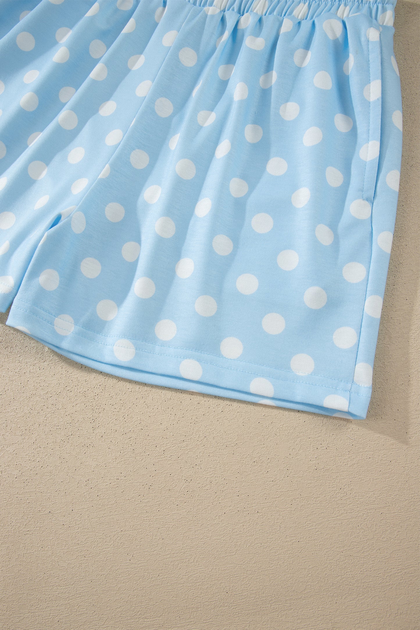 Sky Blue Polka Dot Print Color Block Trim Mock Neck Short Set-Two Piece Sets/Short Sets-[Adult]-[Female]-2022 Online Blue Zone Planet