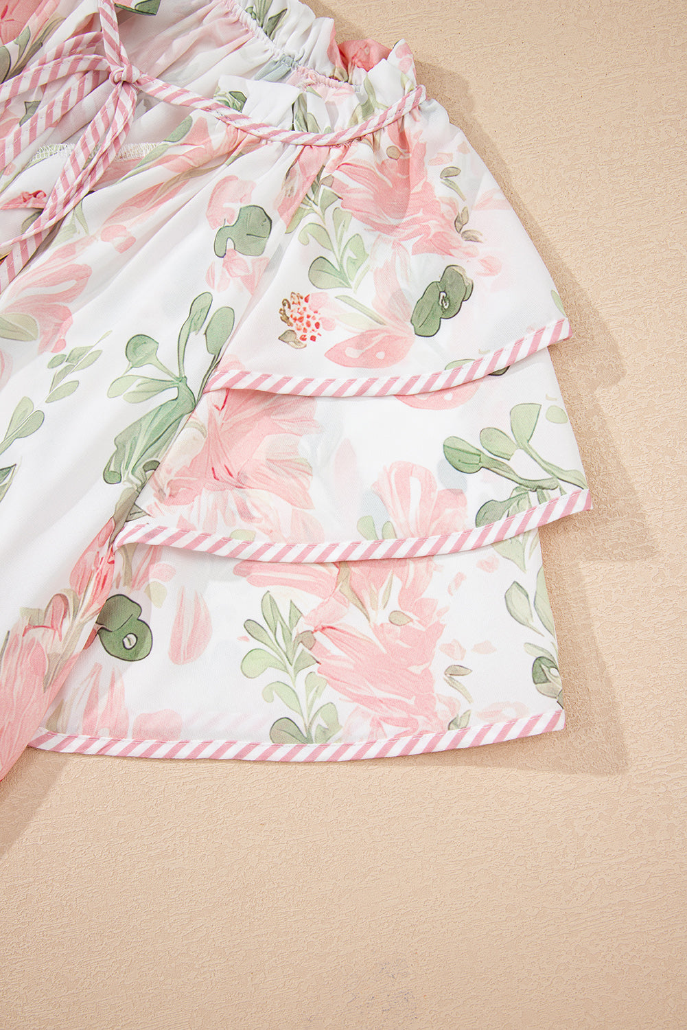 Pink Floral Print Striped Contrast Tiered Ruffled Sleeve V Neck Blouse-Tops/Blouses & Shirts-[Adult]-[Female]-2022 Online Blue Zone Planet
