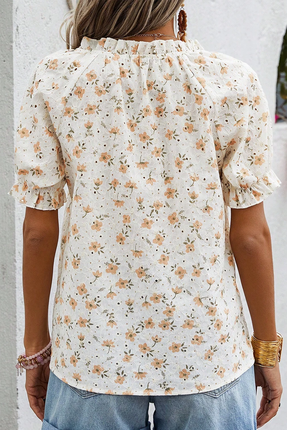 White Floral Eyelet Embroidered Puff Sleeve Notch V Neck Blouse-Tops/Blouses & Shirts-[Adult]-[Female]-2022 Online Blue Zone Planet