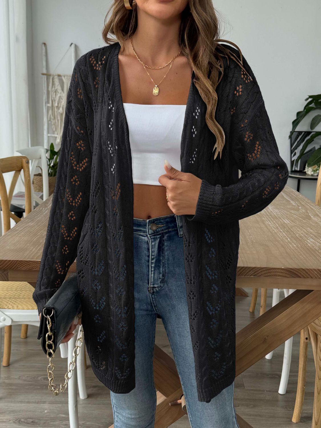 Blue Zone Planet | Openwork Open Front Long Sleeve Cardigan-TOPS / DRESSES-[Adult]-[Female]-Black-One Size-2022 Online Blue Zone Planet