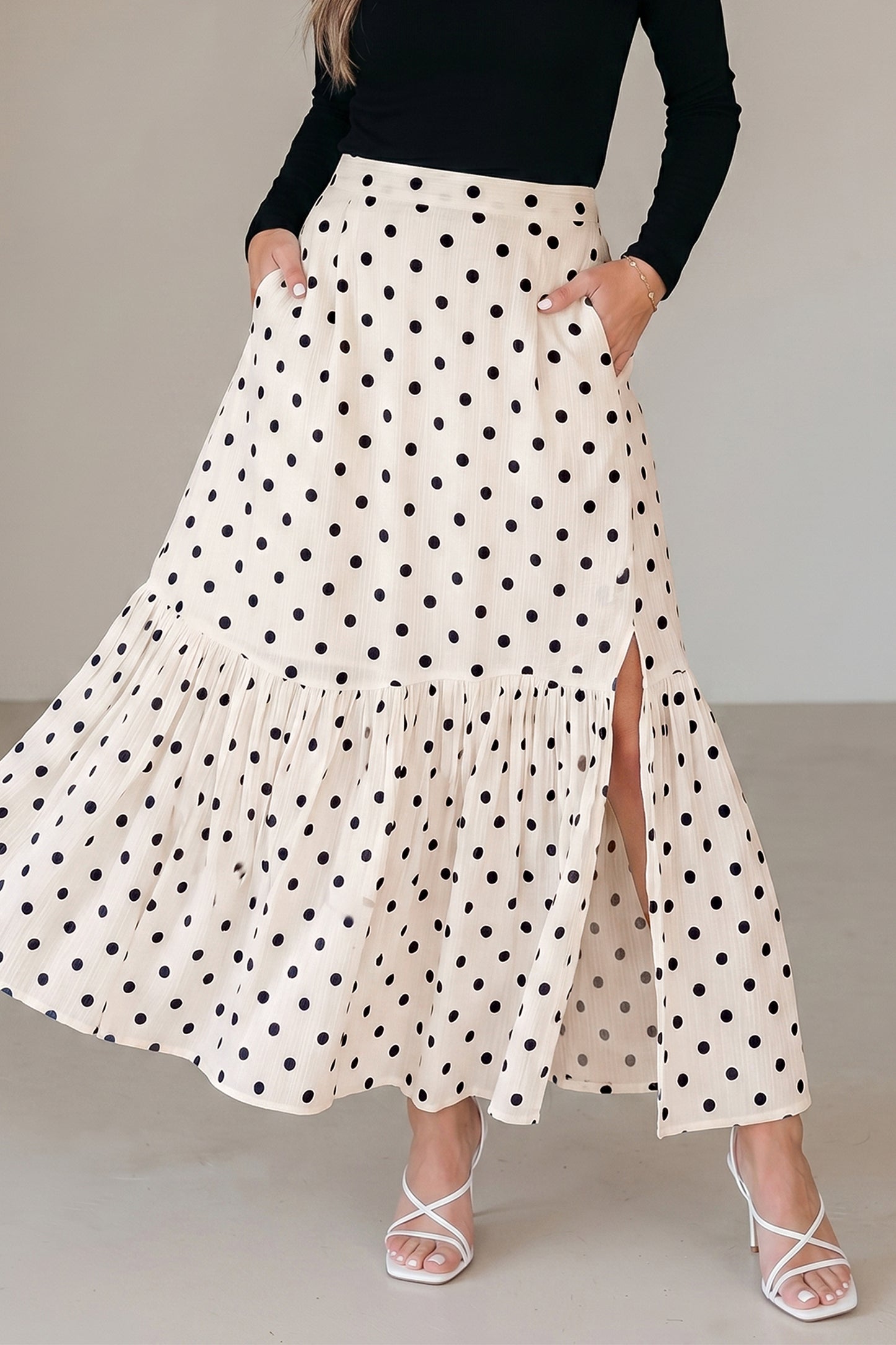 White Polka Dot Ruffled Slit Maxi Skirt-Bottoms/Skirts & Petticoat-[Adult]-[Female]-2022 Online Blue Zone Planet
