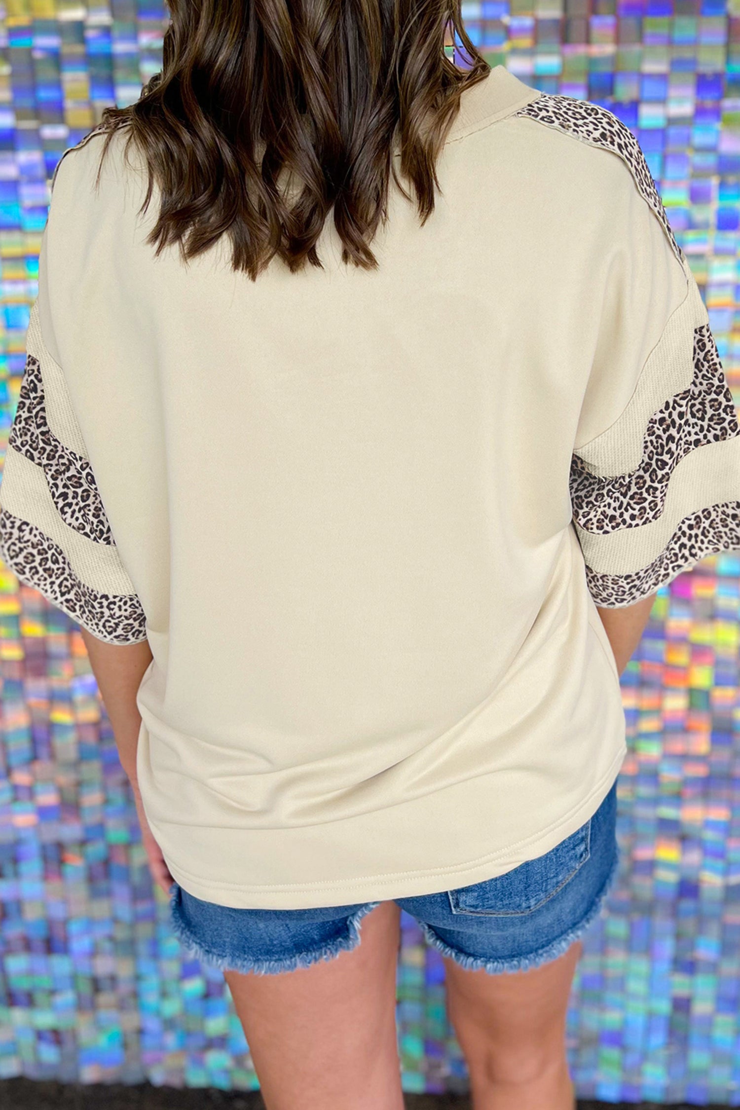 Apricot V Neck Exposed Seam Leopard Color Block Patchwork Half Sleeve Top-Plus Size/Plus Size Tops/Plus Size Tops & Tees-[Adult]-[Female]-2022 Online Blue Zone Planet