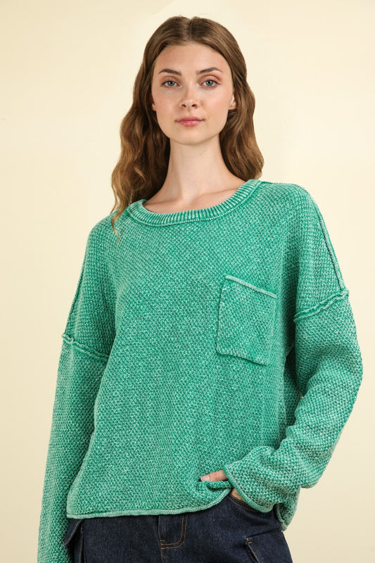 VERY J Mineral Washed Exposed Seam Sweater-TOPS / DRESSES-[Adult]-[Female]-Kelly Green-S-2022 Online Blue Zone Planet