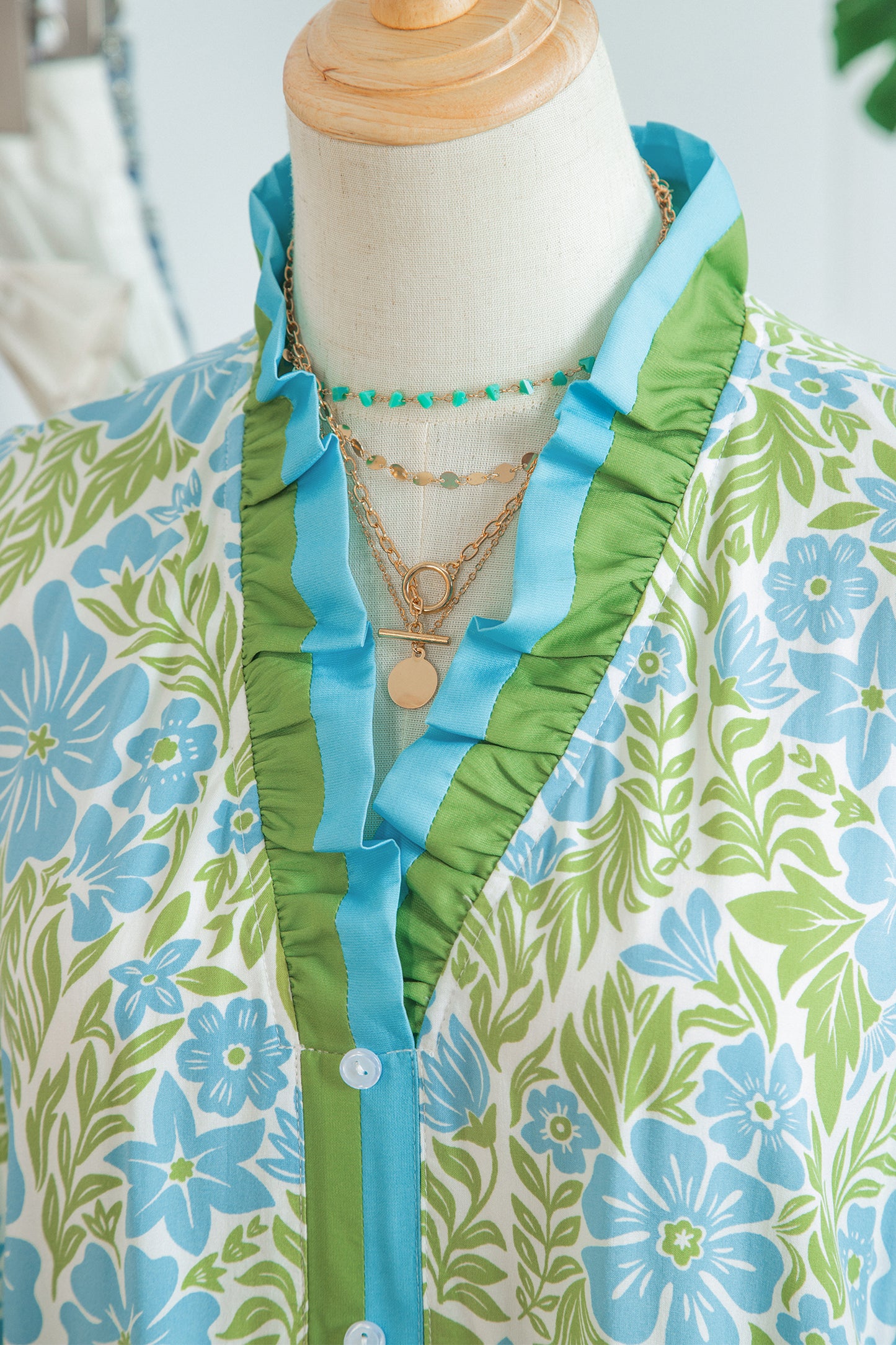 Sky Blue Botanical Floral Print Frilled Trim V Neck Button Front Loose Dress-TOPS / DRESSES-[Adult]-[Female]-2022 Online Blue Zone Planet