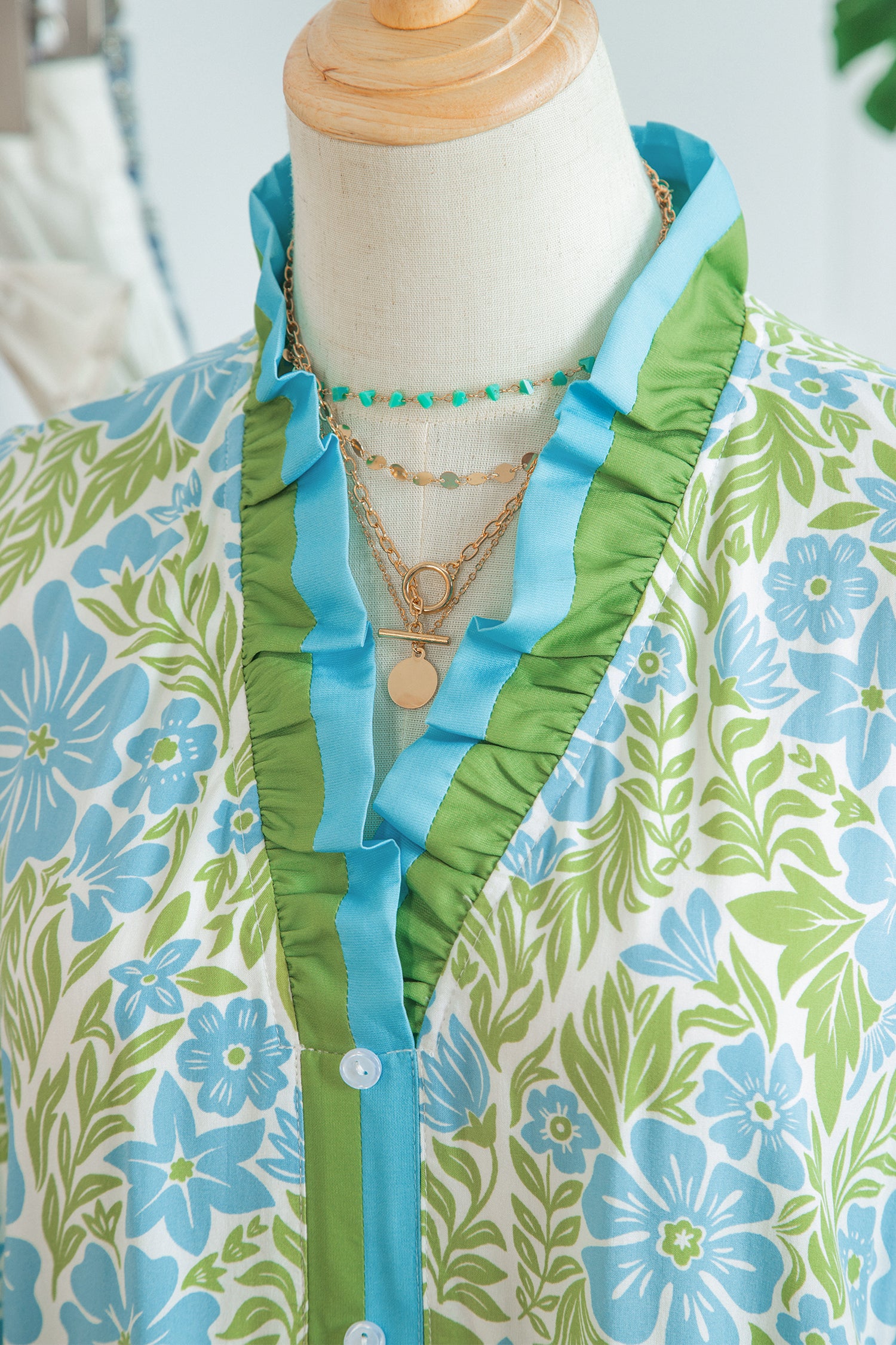 Sky Blue Botanical Floral Print Frilled Trim V Neck Button Front Loose Dress-TOPS / DRESSES-[Adult]-[Female]-2022 Online Blue Zone Planet