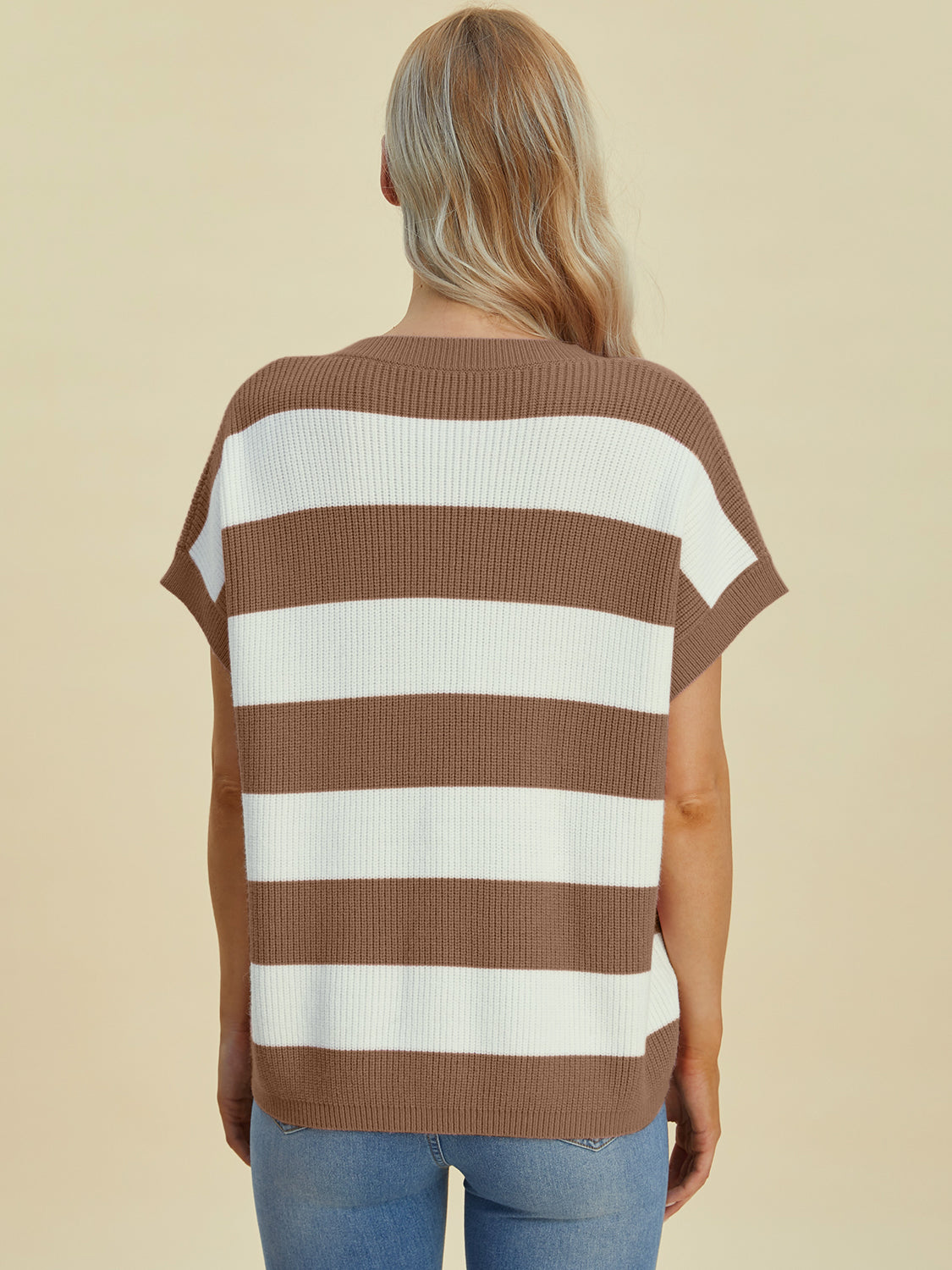 Double Take Full Size Striped V-Neck Short Sleeve Sweater-TOPS / DRESSES-[Adult]-[Female]-2022 Online Blue Zone Planet