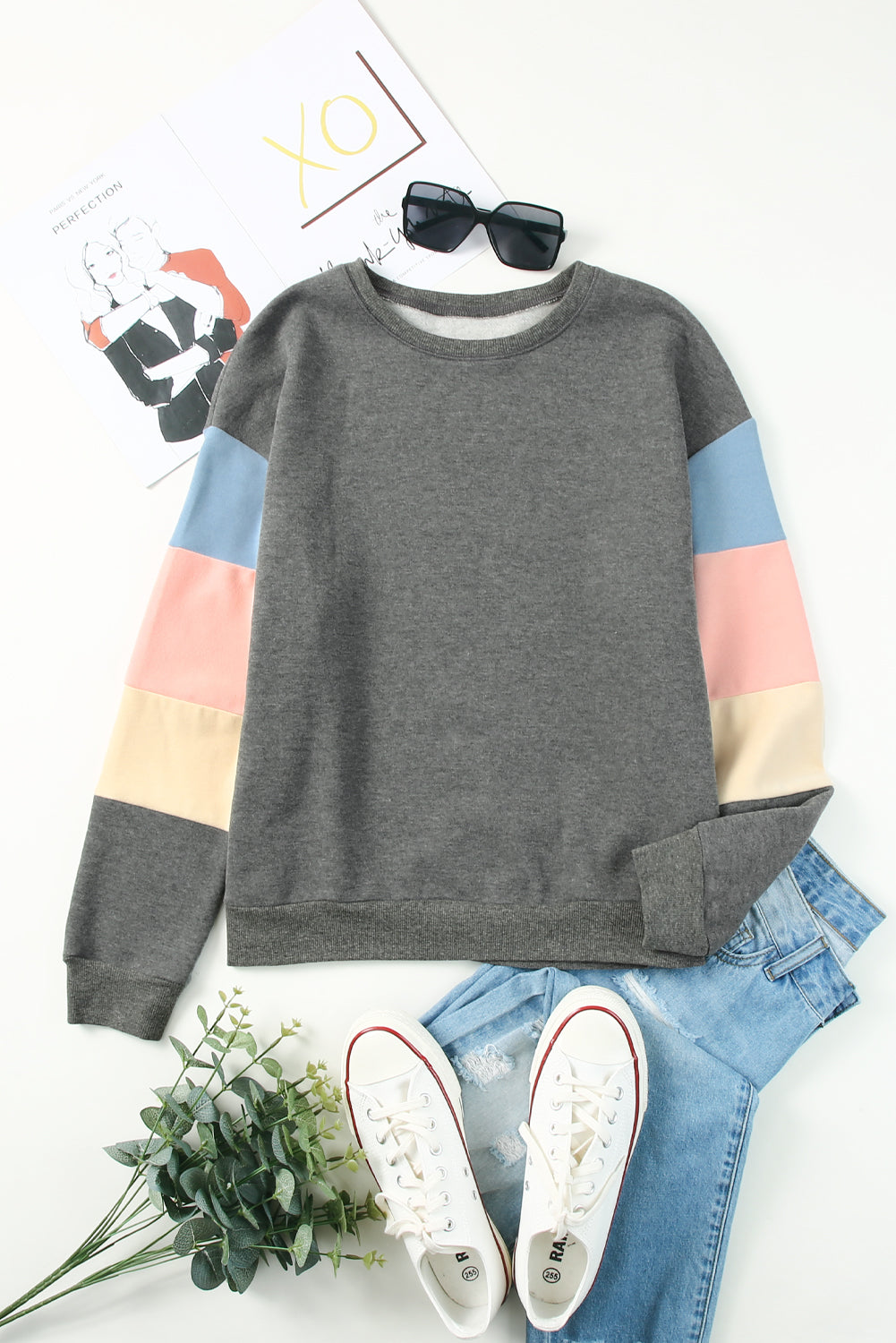 Gray Colorblock Long Sleeve Pullover Sweatshirt-Tops/Sweatshirts & Hoodies-[Adult]-[Female]-2022 Online Blue Zone Planet