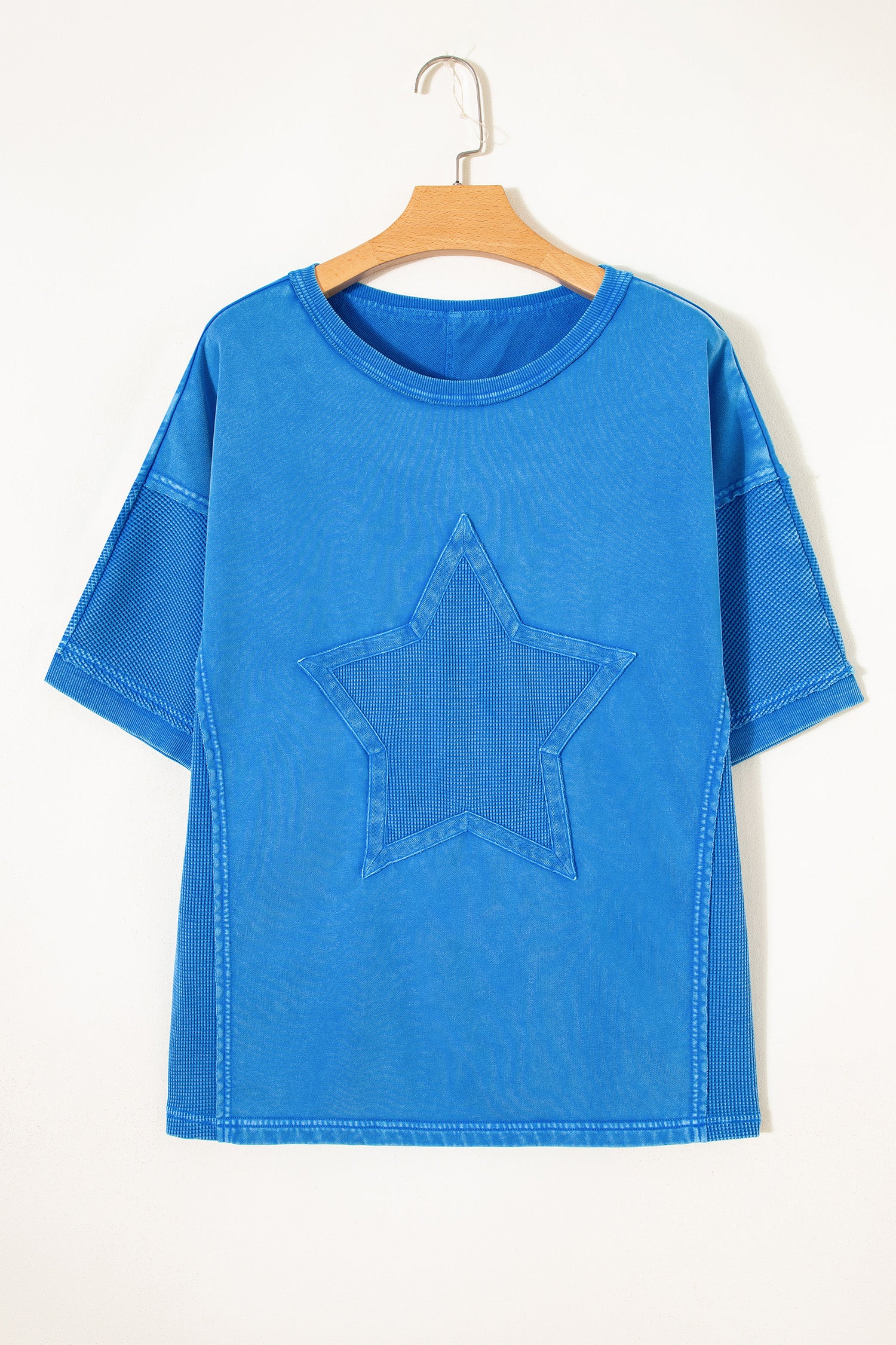 Blue Mineral Wash Star Mesh Patchwork Oversize Tee-Tops/Tops & Tees-[Adult]-[Female]-2022 Online Blue Zone Planet