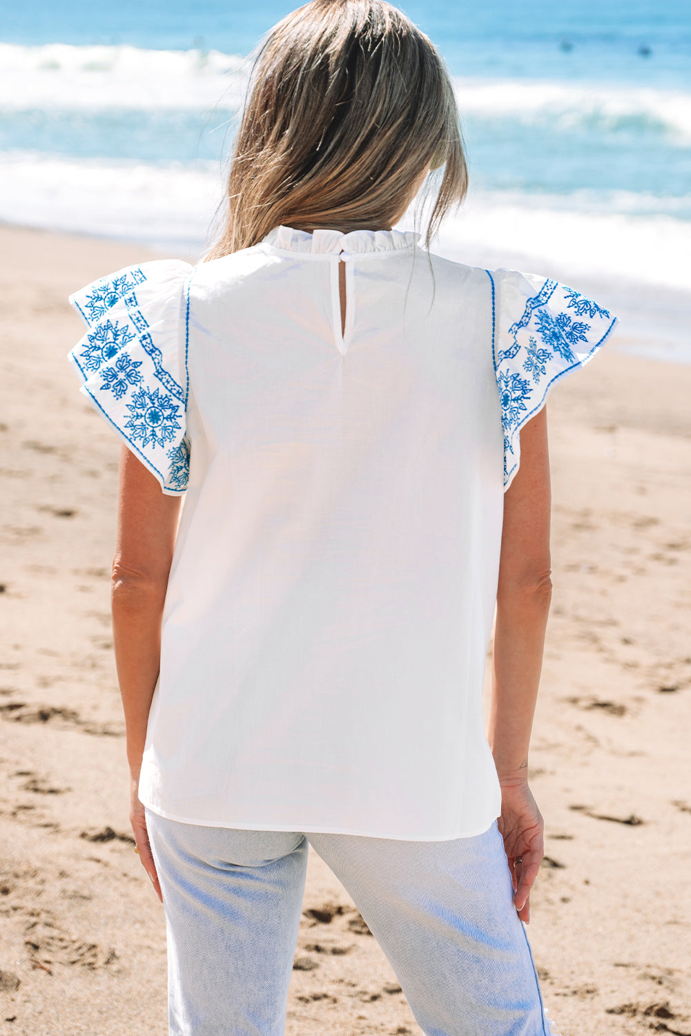 White Embroidered Ruffled Sleeve Frilled Collar Blouse-Tops/Blouses & Shirts-[Adult]-[Female]-2022 Online Blue Zone Planet