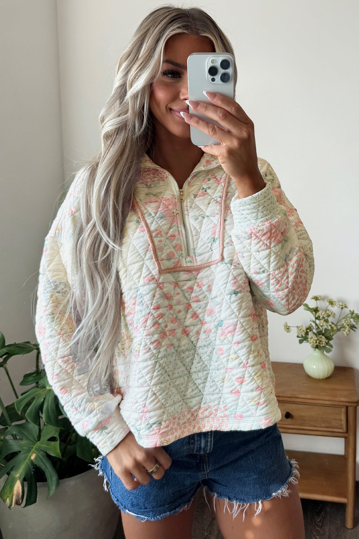 Multicolour Floral Quilted Metal Zipper Collar Long Sleeve Sweatshirt-Tops / Dresses-[Adult]-[Female]-2022 Online Blue Zone Planet