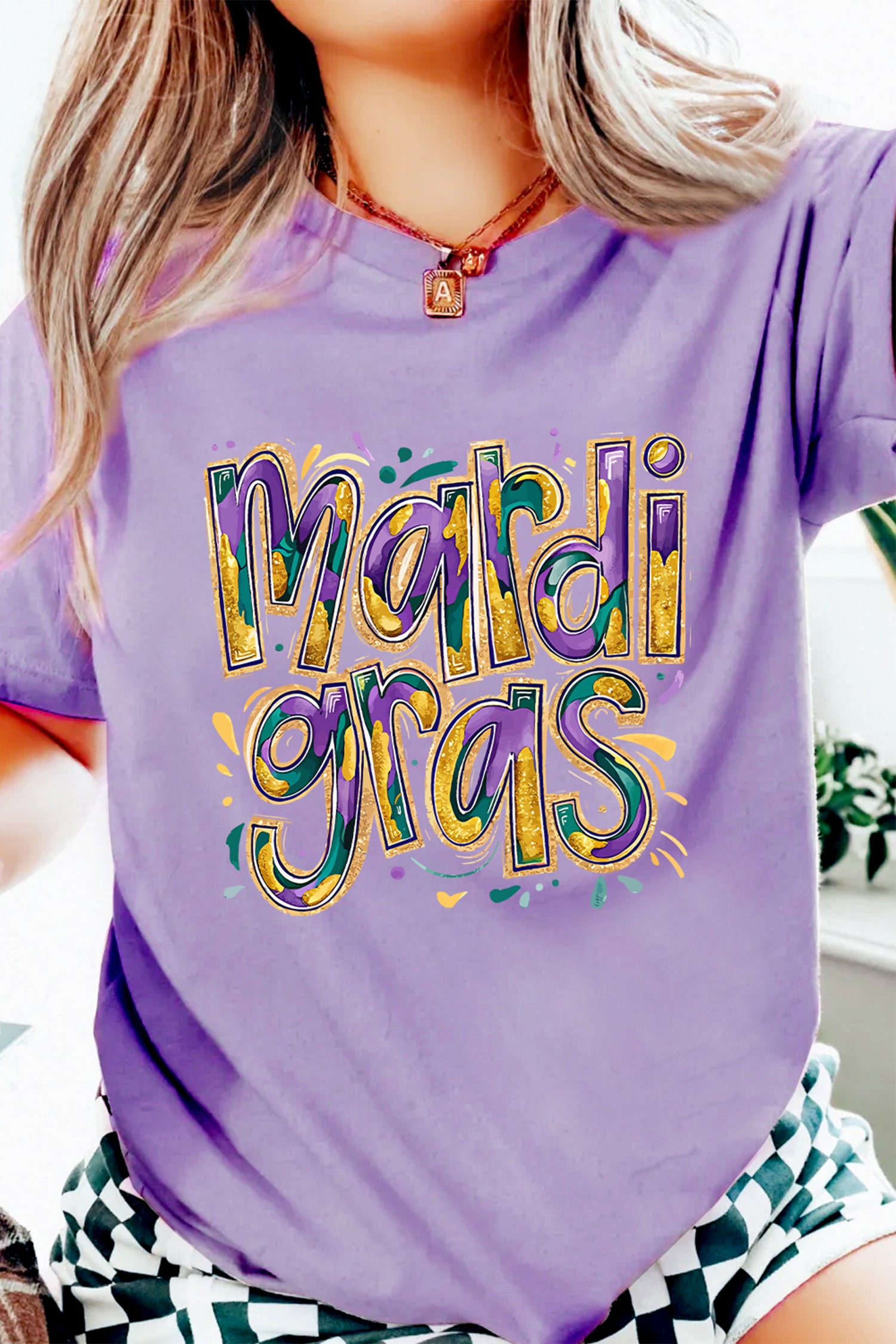 Wisteria mardi gras Cheerful Letter Graphic Tee-Graphic Tees-[Adult]-[Female]-Wisteria-2XL-2022 Online Blue Zone Planet