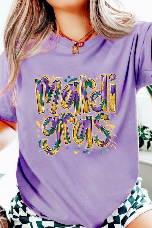 Wisteria mardi gras Cheerful Letter Graphic Tee-Graphic Tees-[Adult]-[Female]-Wisteria-2XL-2022 Online Blue Zone Planet
