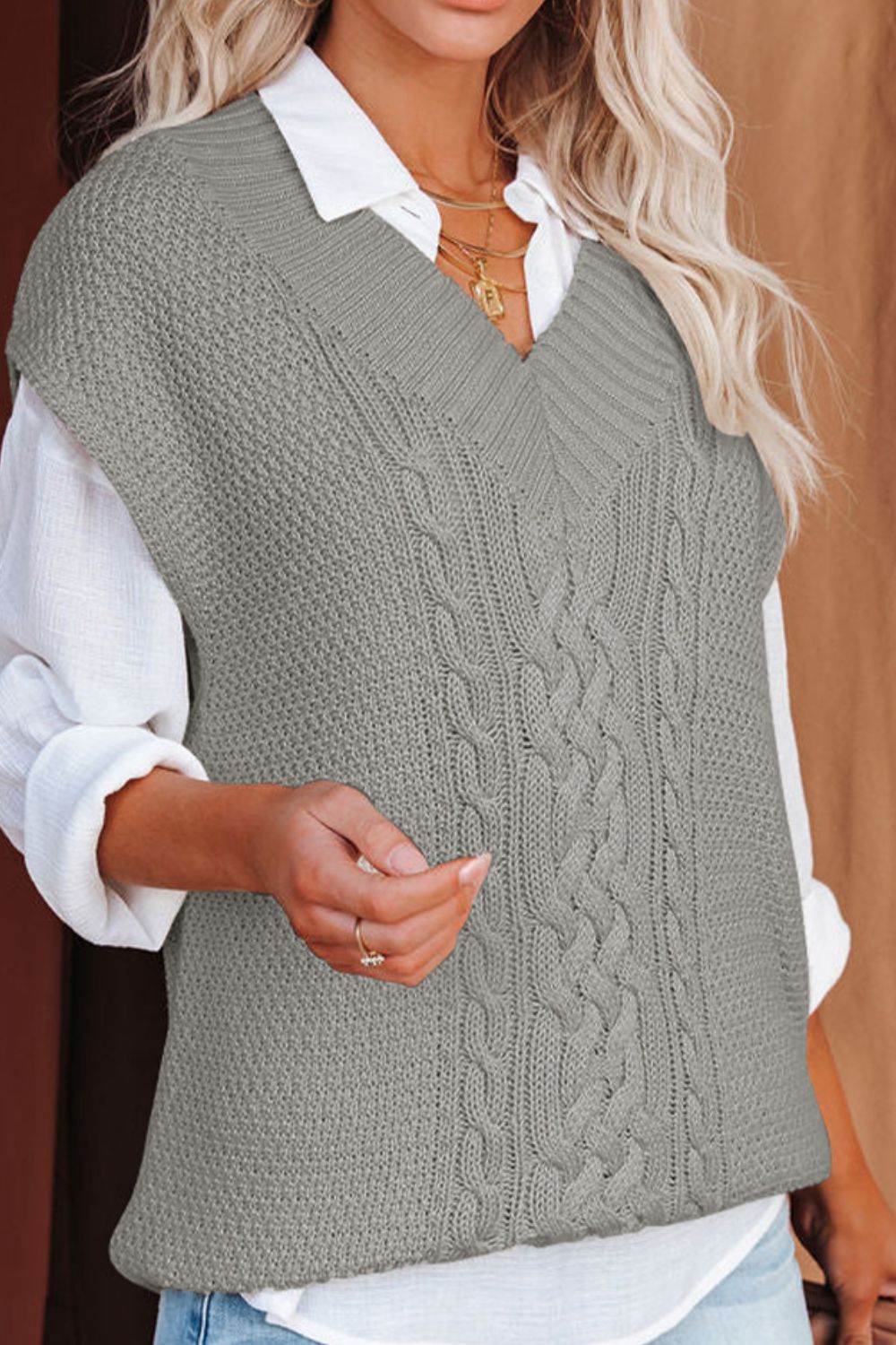 Cable-Knit V-Neck Sweater Vest-TOPS / DRESSES-[Adult]-[Female]-2022 Online Blue Zone Planet