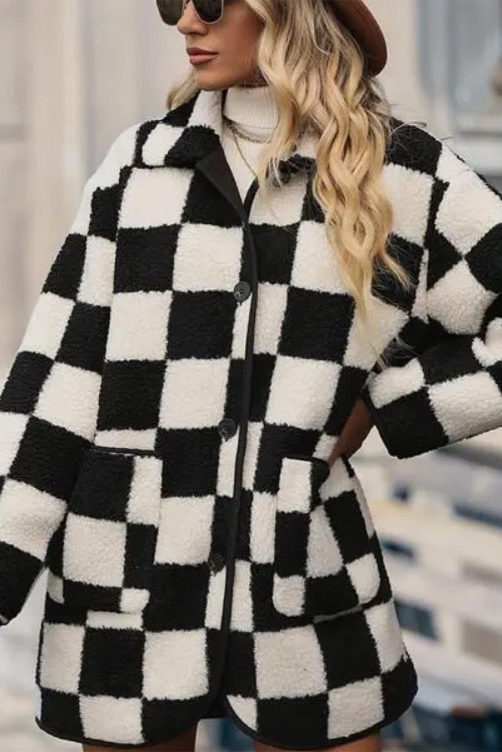 Black Checkered Side Pockets Collared Buttoned Fleece Jacket-Jackets-[Adult]-[Female]-2022 Online Blue Zone Planet