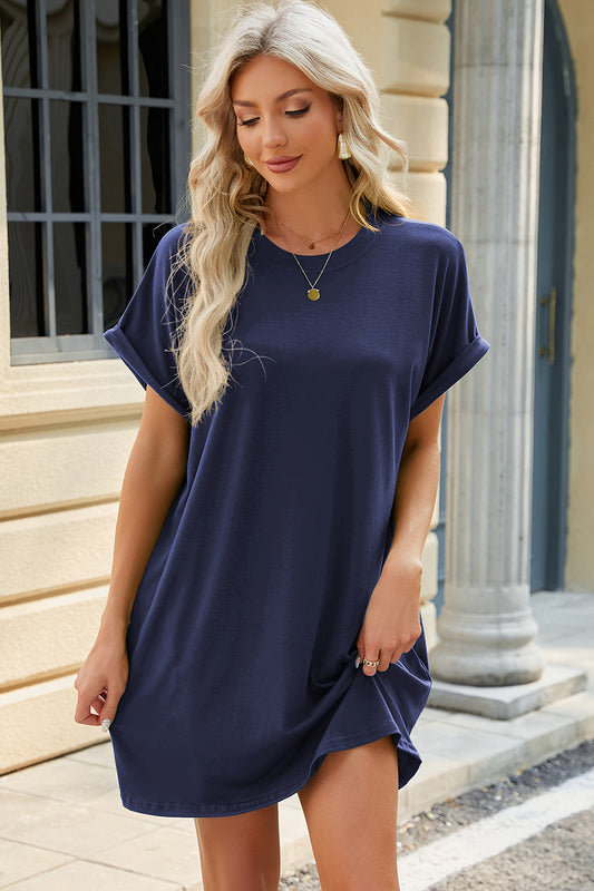 Blue Zone Planet |  Round Neck Rolled Short Sleeve Tee Dress BLUE ZONE PLANET