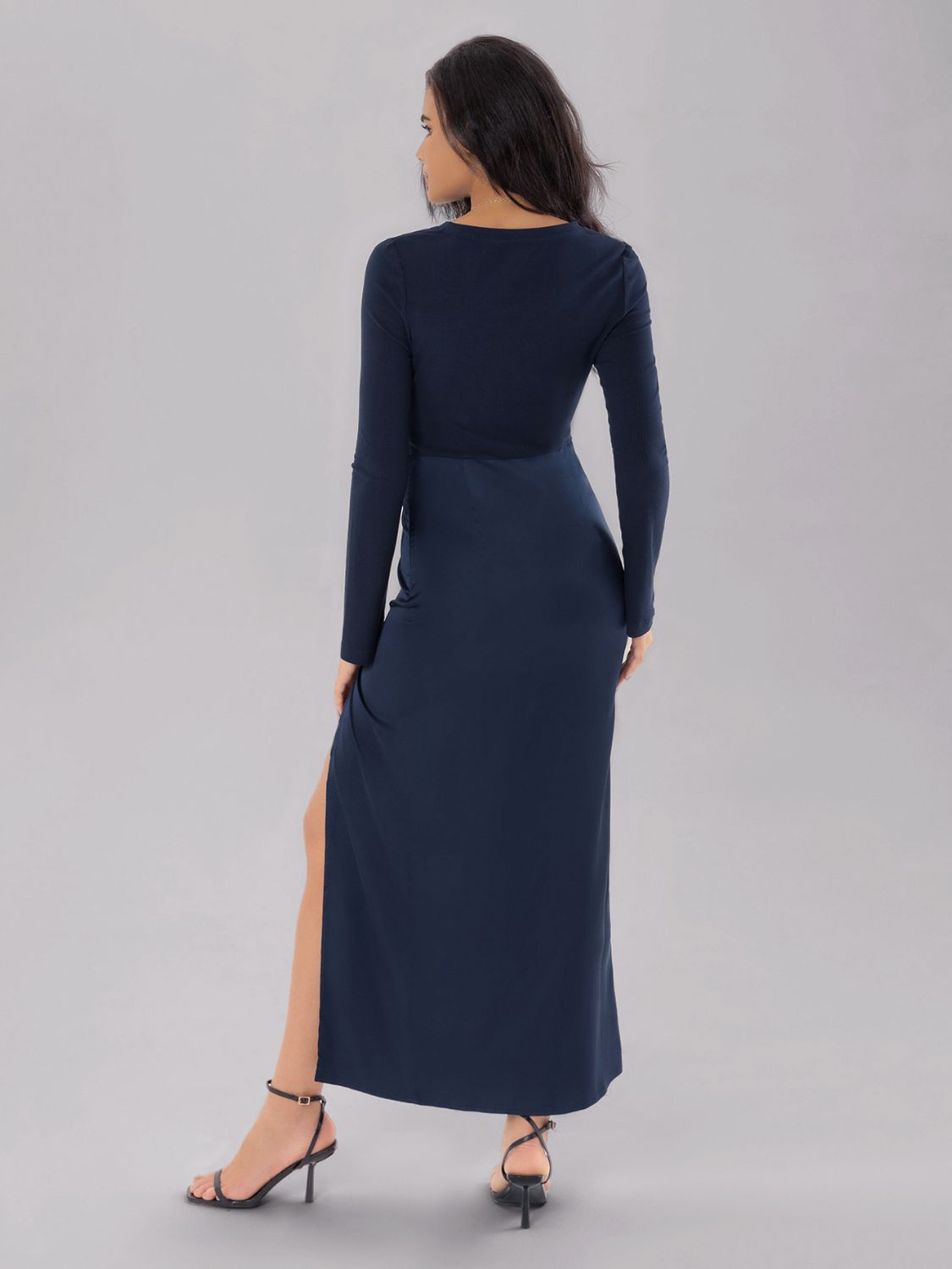 Split Round Neck Long Sleeve Midi Dress-TOPS / DRESSES-[Adult]-[Female]-2022 Online Blue Zone Planet