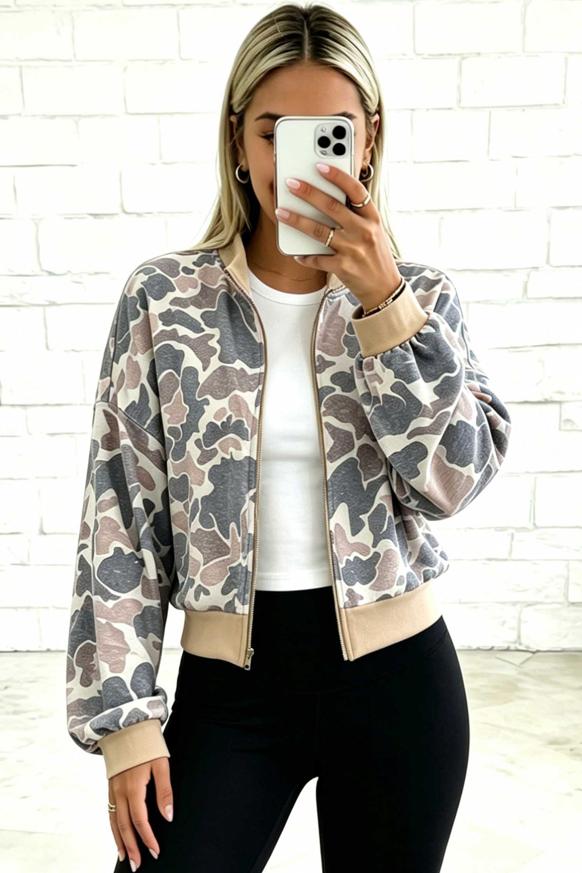 Multicolour Camouflage Print Color Block Trim Zip Bomber Sweatshirt-Tops/Sweatshirts & Hoodies-[Adult]-[Female]-2022 Online Blue Zone Planet