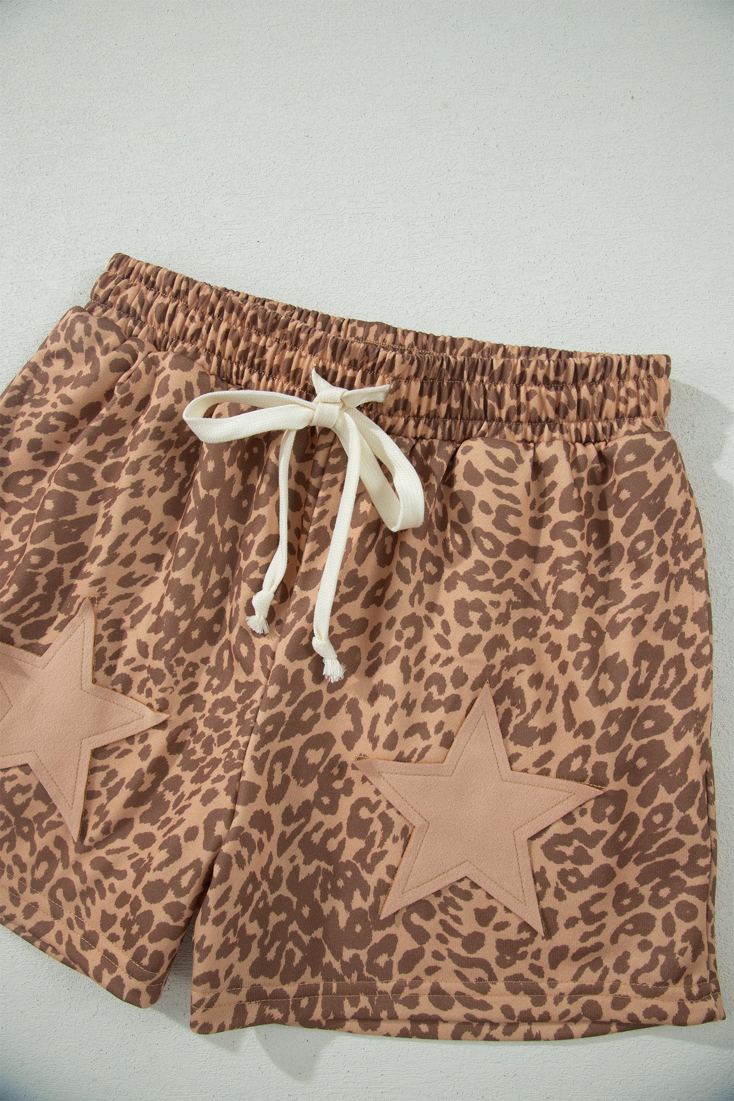 Khaki Leopard Drawstring Elastic Waist Star Patched Shorts-Bottoms/Casual Shorts-[Adult]-[Female]-2022 Online Blue Zone Planet