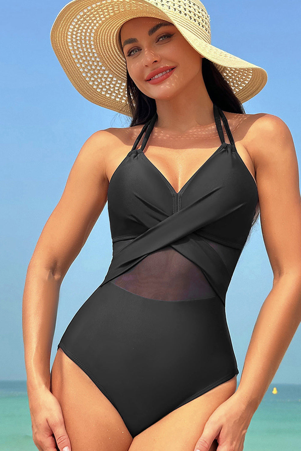 Black Halter Mesh Insert Cross Front One-Piece Swimsuit Blue Zone Planet