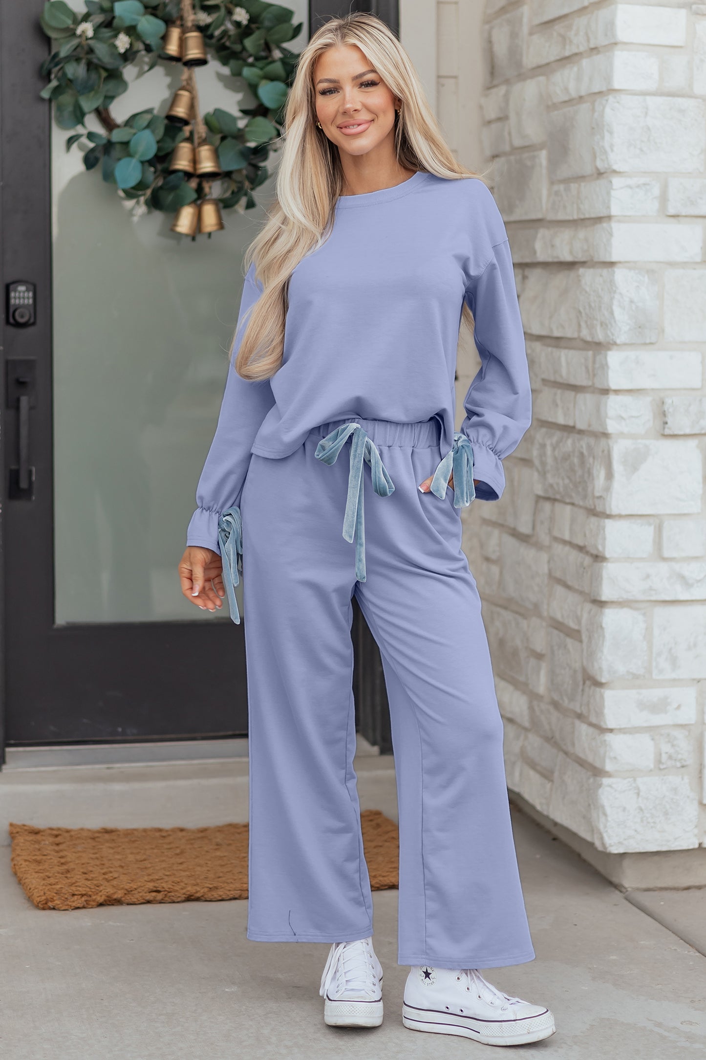 Beau Blue Flounce Long Sleeve Top Drawstring Pants Contrast Velvet Bow Knot 2pcs Lounge Set-Loungewear & Sleepwear/Loungewear-[Adult]-[Female]-2022 Online Blue Zone Planet