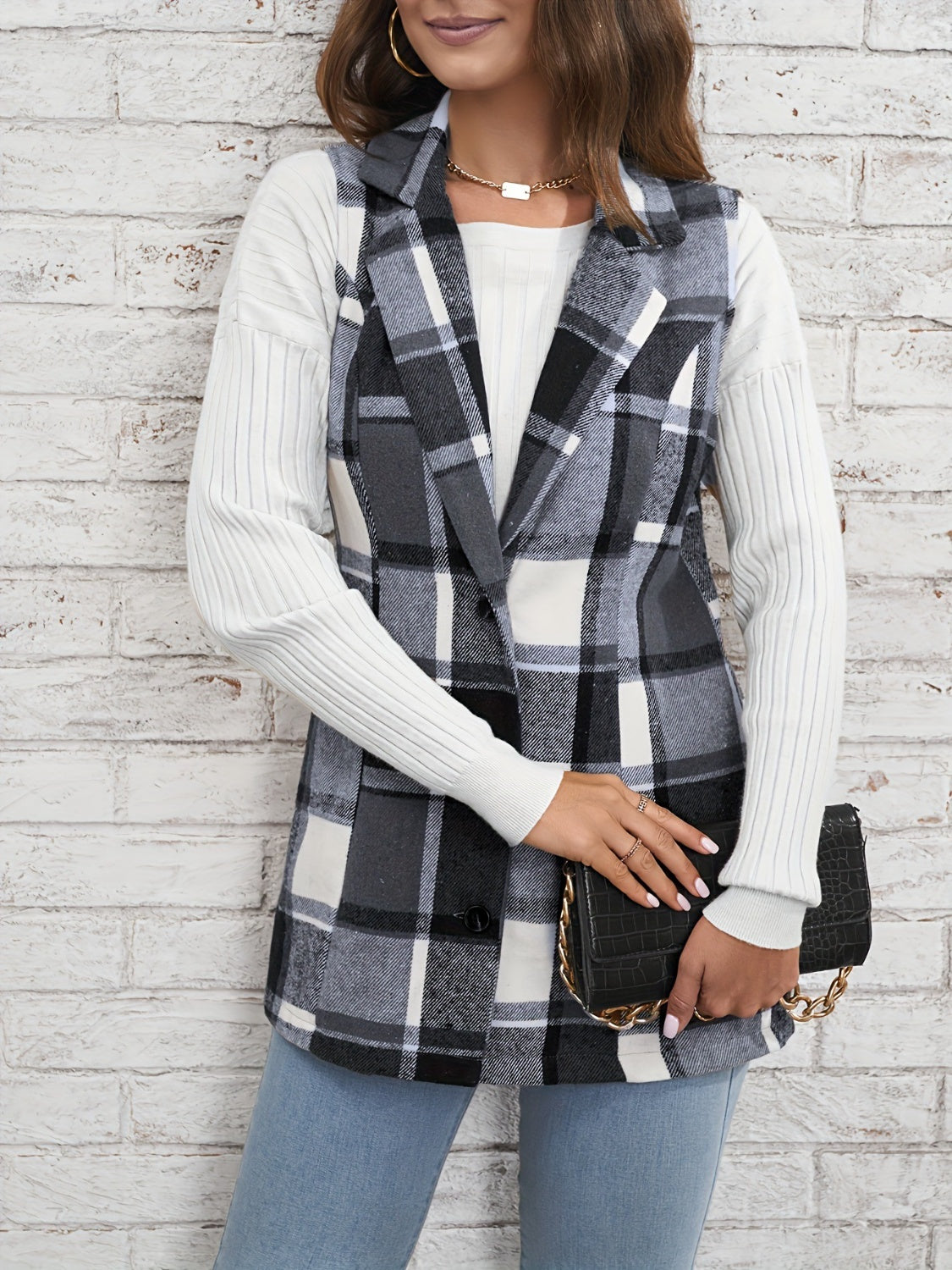 Plaid Button Down Vest Coat-TOPS / DRESSES-[Adult]-[Female]-Gray-S-2022 Online Blue Zone Planet