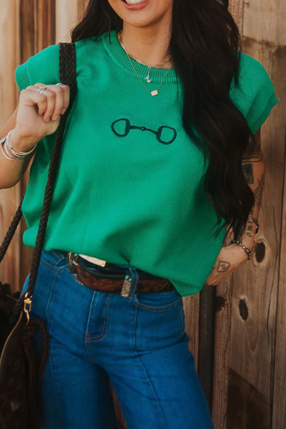 Bright Green Horse Bit Embroidered Loose Short Sleeve Sweater-TOPS / DRESSES-[Adult]-[Female]-Bright Green-S-2022 Online Blue Zone Planet