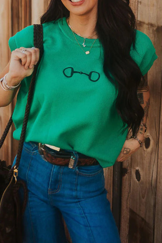 Bright Green Horse Bit Embroidered Loose Short Sleeve Sweater-TOPS / DRESSES-[Adult]-[Female]-Bright Green-S-2022 Online Blue Zone Planet