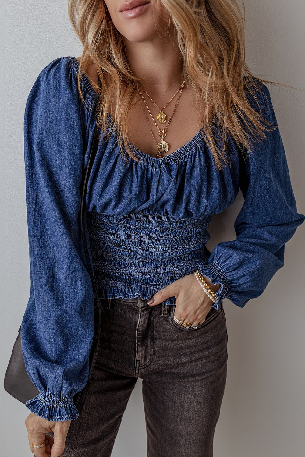 Dark Blue Smocked Ruffled Puff Sleeve V Neck Denim Blouse-Tops/Blouses & Shirts-[Adult]-[Female]-Dark Blue-S-2022 Online Blue Zone Planet