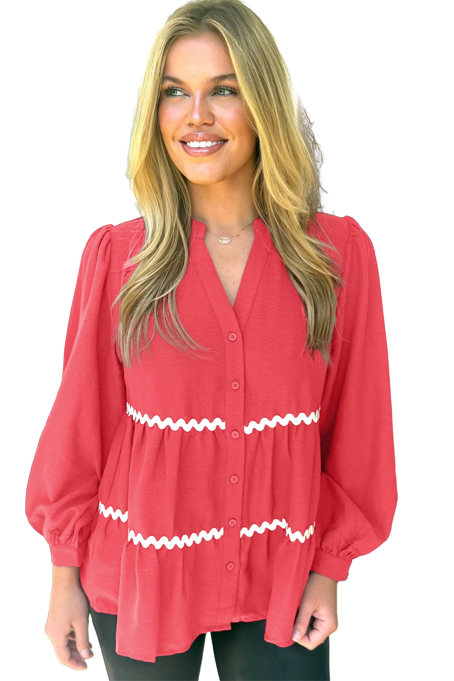 Coral Contrast Ricrac Trim V Neck Button Down Long Sleeve Shirt-Tops/Blouses & Shirts-[Adult]-[Female]-2022 Online Blue Zone Planet