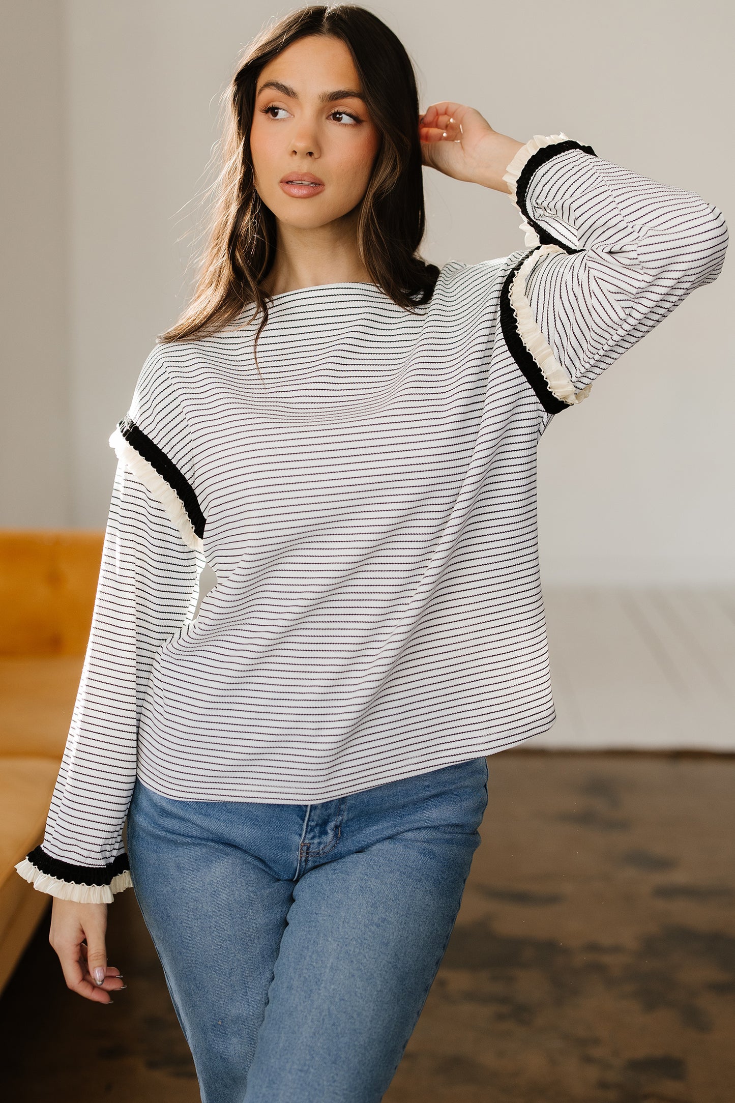 White Stripe Contrasted Ruffle Trim Loose Long Sleeve Top-Tops/Long Sleeve Tops-[Adult]-[Female]-2022 Online Blue Zone Planet