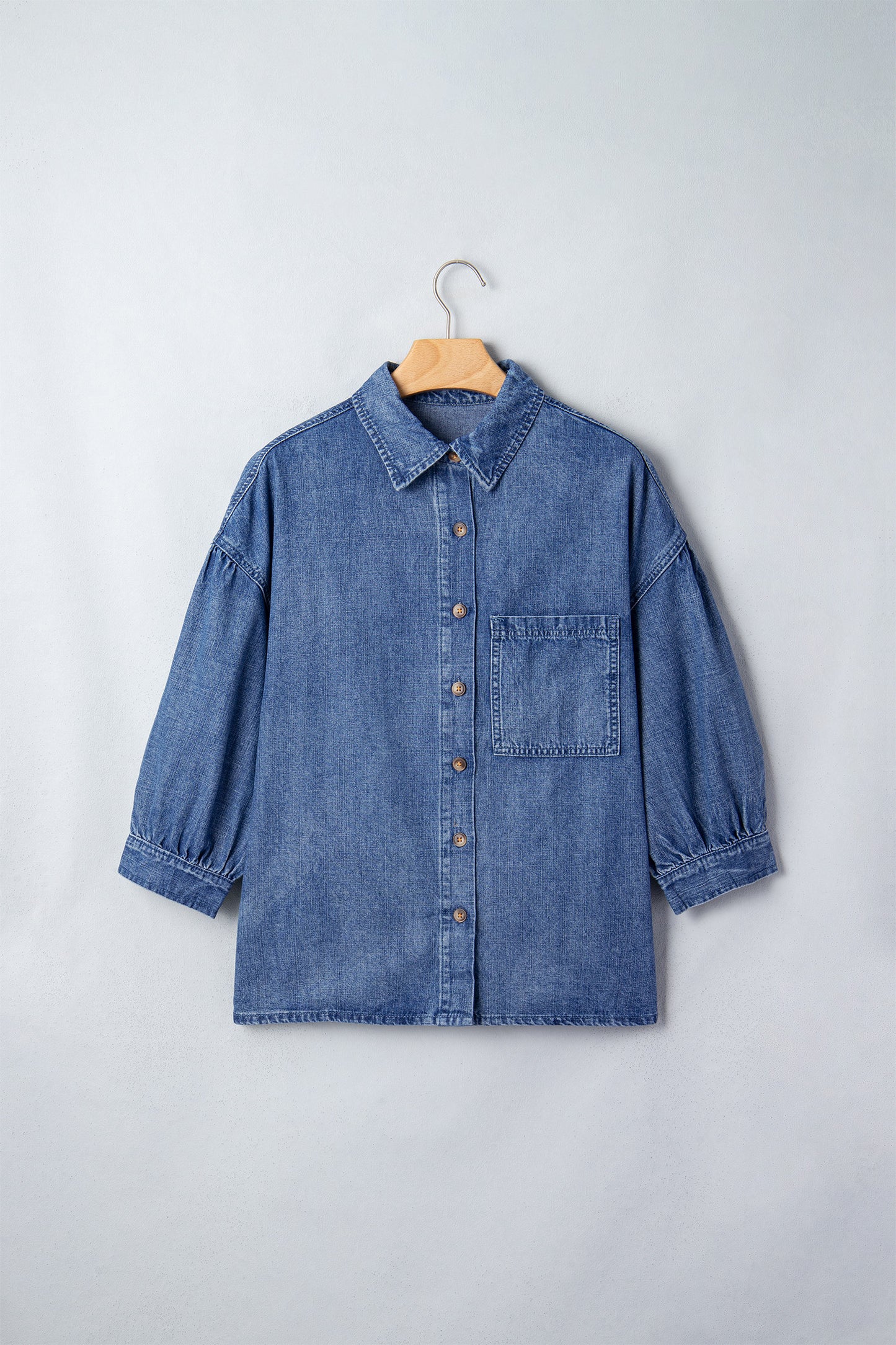 Dusk Blue Three Quarter Sleeve Button Front Loose Denim Shirt-Tops/Blouses & Shirts-[Adult]-[Female]-2022 Online Blue Zone Planet
