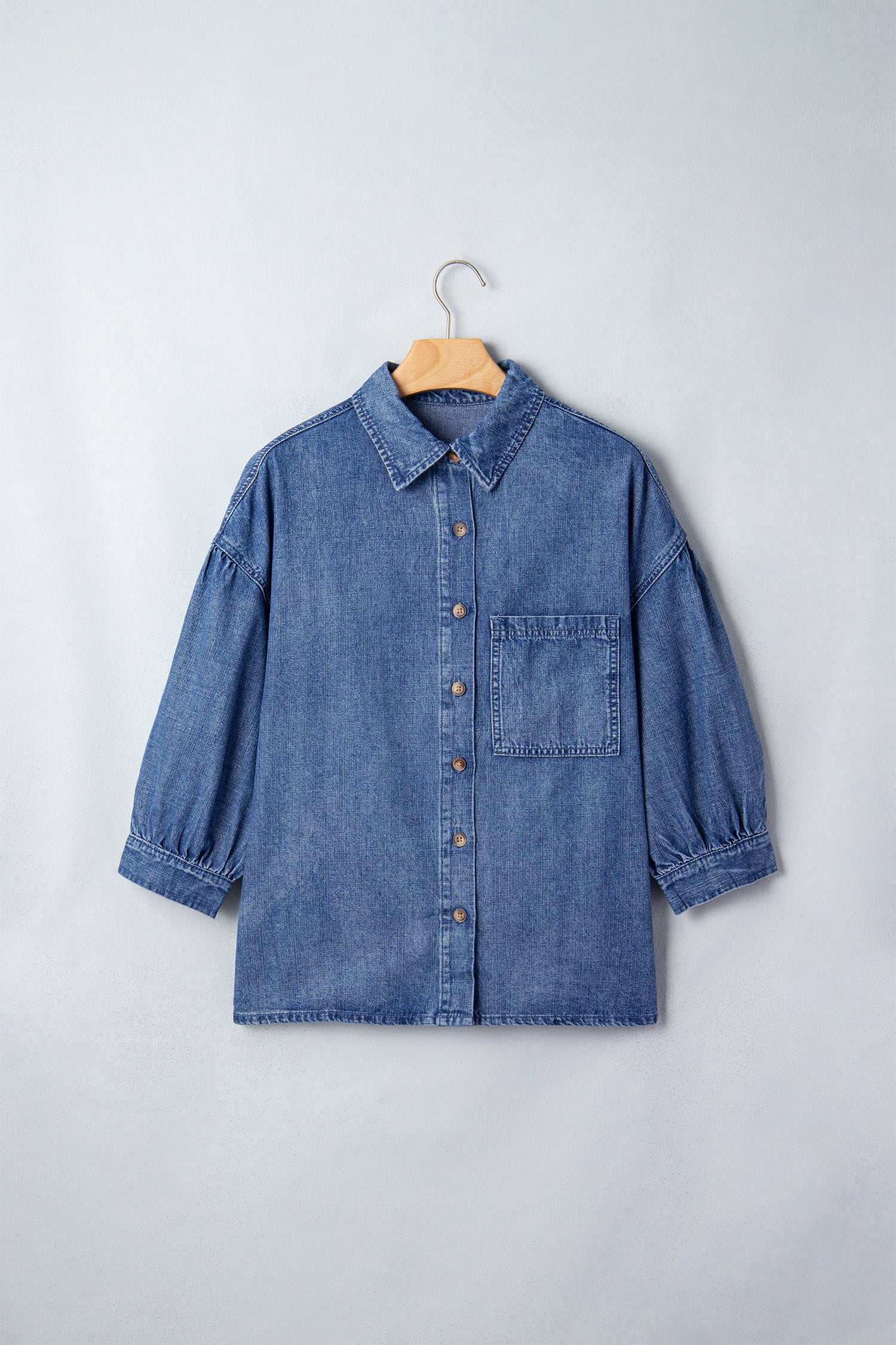 Dusk Blue Three Quarter Sleeve Button Front Loose Denim Shirt-Tops/Blouses & Shirts-[Adult]-[Female]-2022 Online Blue Zone Planet
