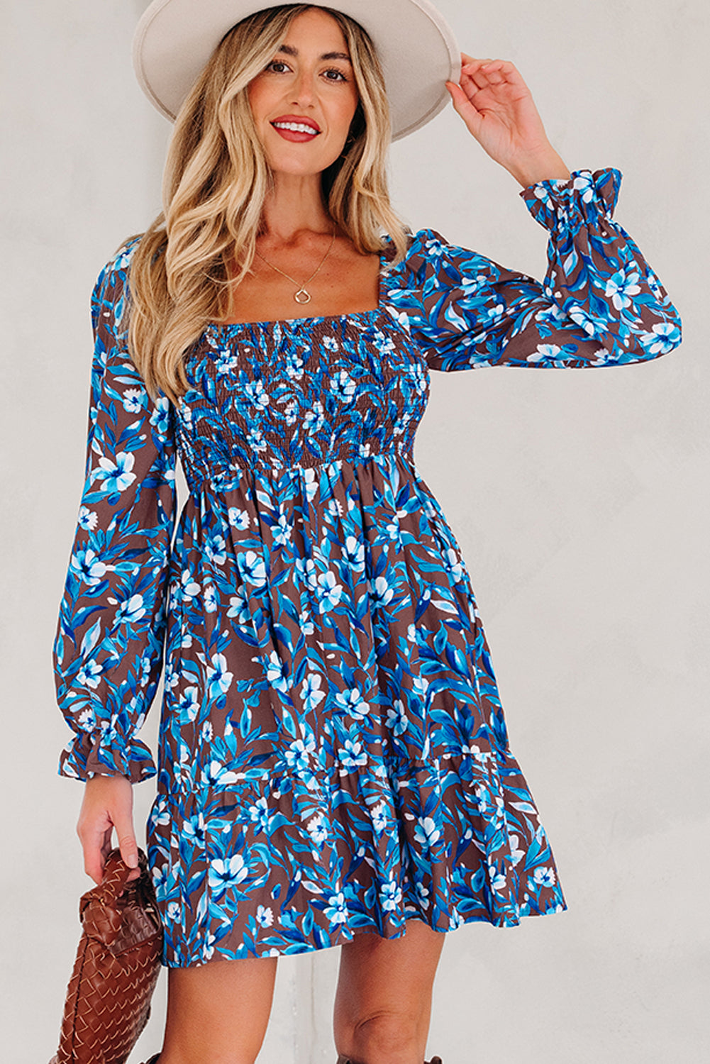 Blue Smocked Bodice High Waist Ruffled Sleeve Floral Dress-TOPS / DRESSES-[Adult]-[Female]-2022 Online Blue Zone Planet