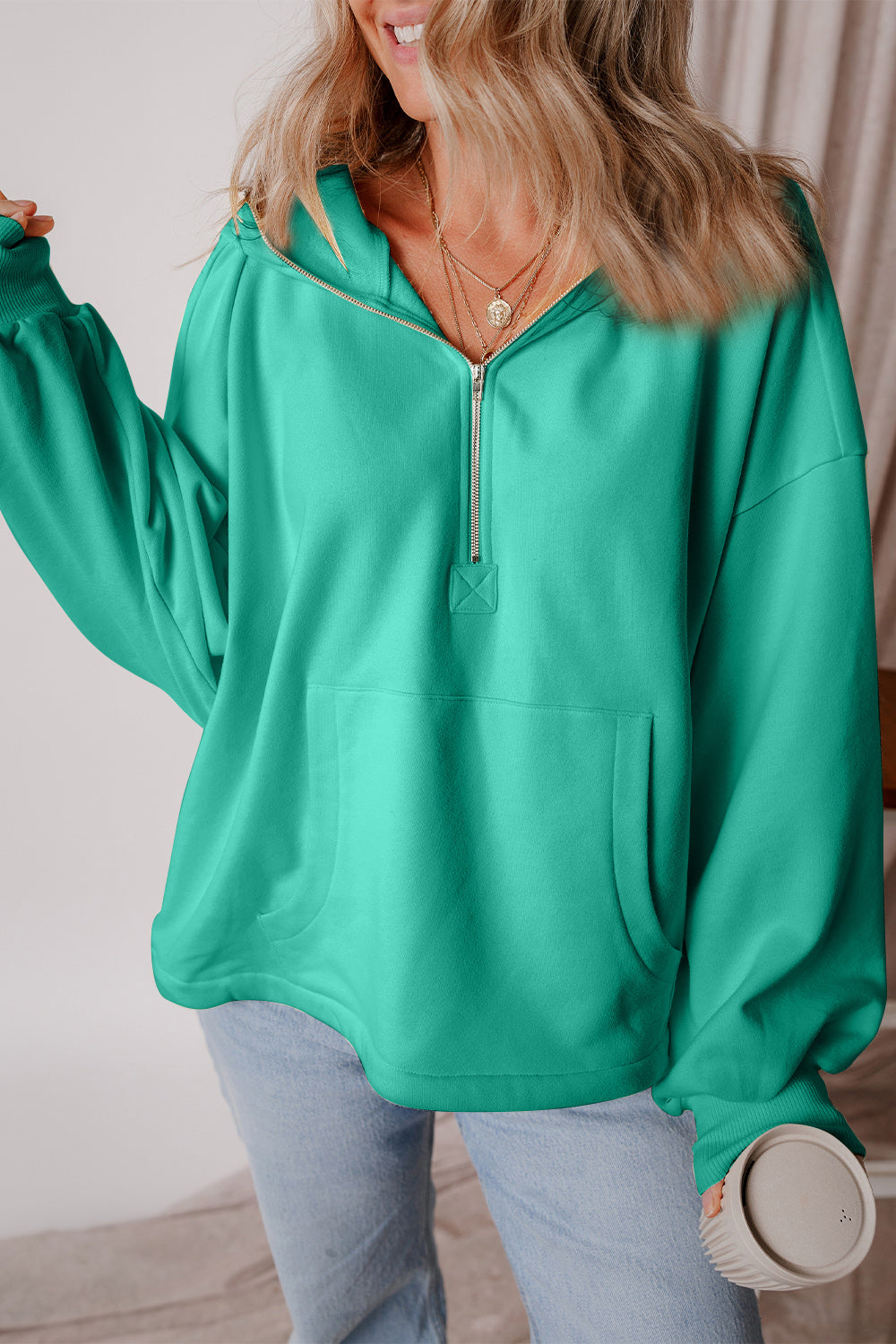 Pocketed Half Zip Dropped Shoulder Hoodie-HOODIES-[Adult]-[Female]-Turquoise-S-2022 Online Blue Zone Planet