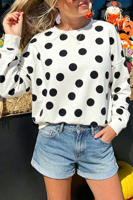 Beige Casual Polka Dot Round Neck Pullover Sweatshirt-Tops/Sweatshirts & Hoodies-[Adult]-[Female]-Beige-S-2022 Online Blue Zone Planet