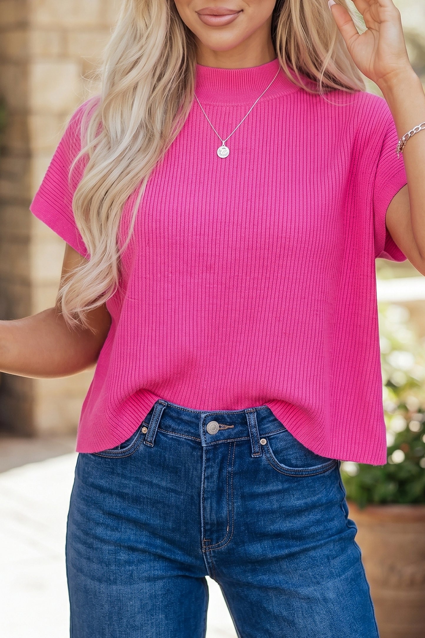 Bright Pink Solid Color Lightweight Ribbed Knit Mock Neck Sweater-TOPS / DRESSES-[Adult]-[Female]-2022 Online Blue Zone Planet