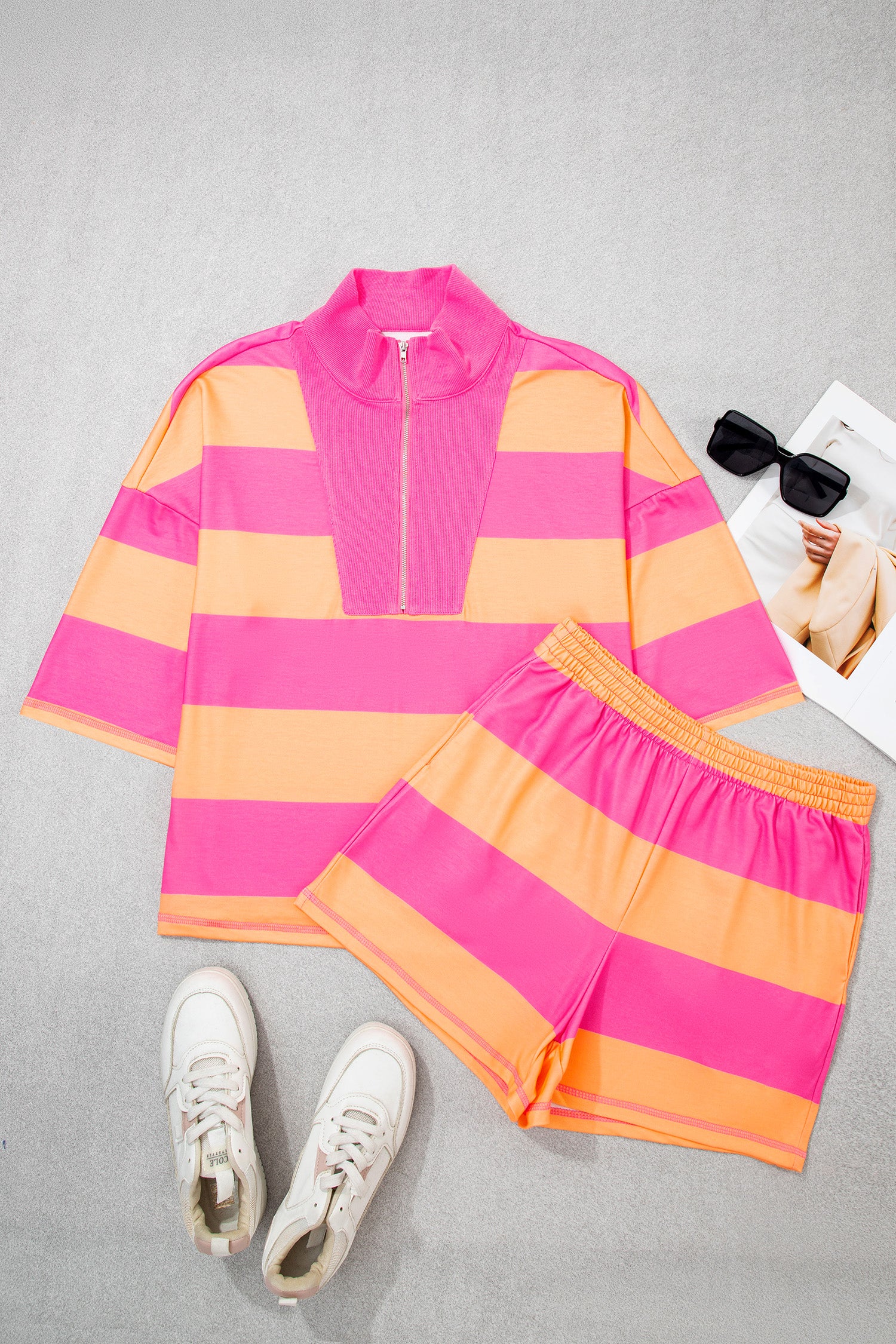 Pink Seam Detail Half Zip Tee Casual Shorts 2pcs Set-Two Piece Sets/Short Sets-[Adult]-[Female]-2022 Online Blue Zone Planet