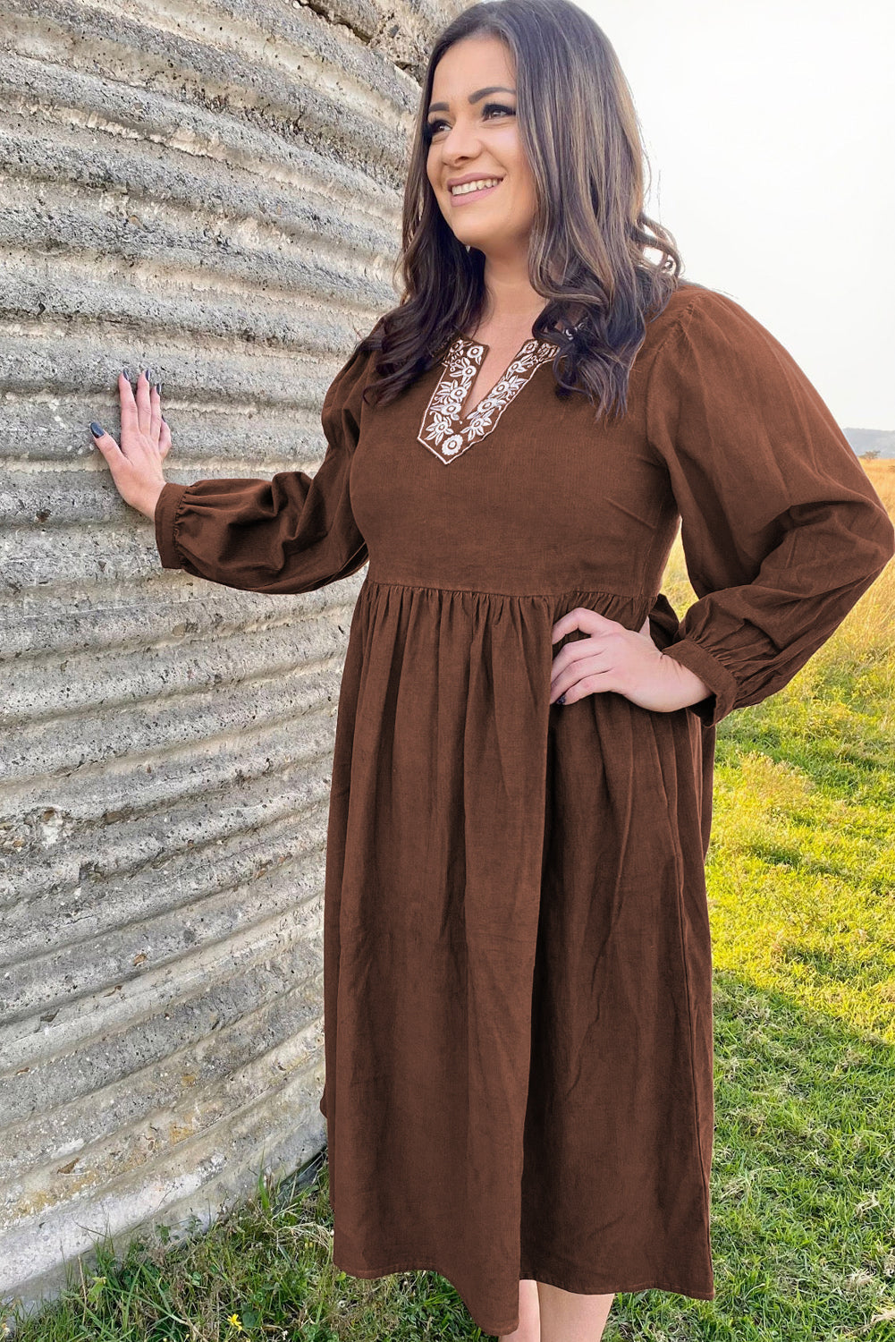 Coffee Embroidered Notched Neckline Textured Pleated High Waist Plus Size Midi Dress-TOPS / DRESSES-[Adult]-[Female]-2022 Online Blue Zone Planet