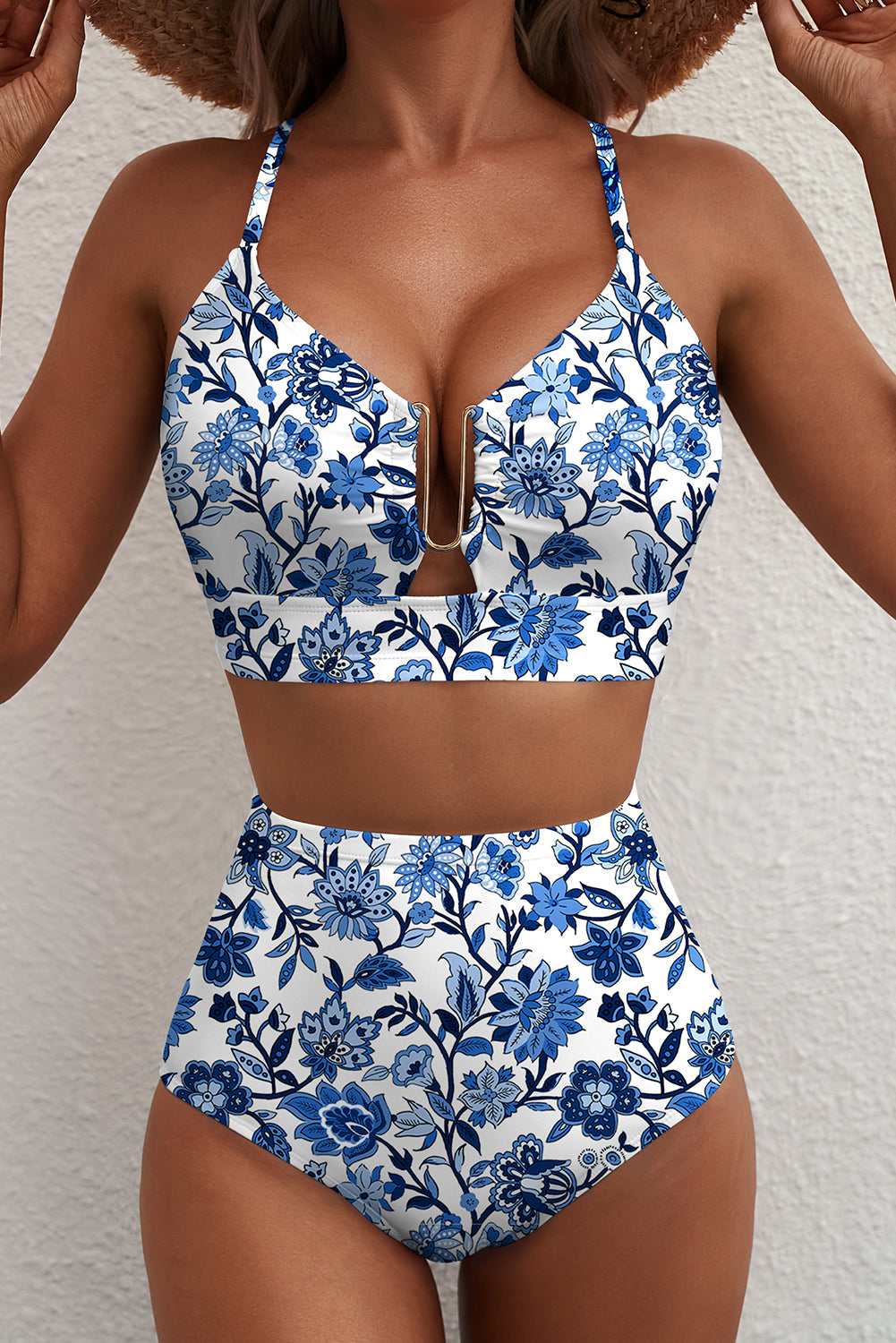 Blue Floral Print Hardware Accent Notched Neck High Waist Bikini Set-Swimwear/Bikinis-[Adult]-[Female]-2022 Online Blue Zone Planet