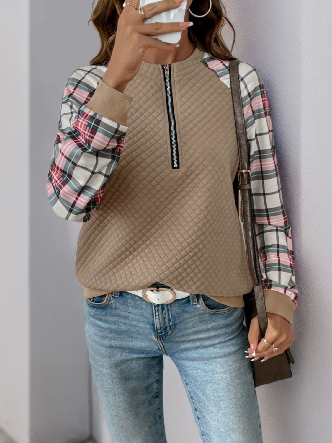 Perfee Plaid Half Zip Long Sleeve Texture Sweatshirt-TOPS / DRESSES-[Adult]-[Female]-2022 Online Blue Zone Planet