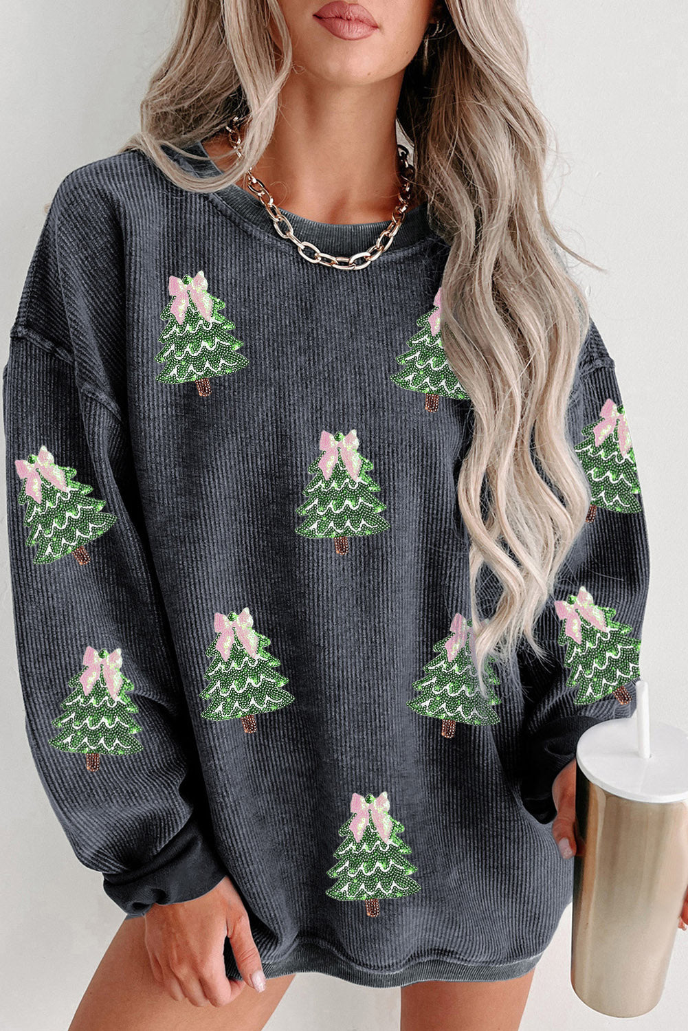 Gray Ribbed Round Neck Sequin Christmas Tree Patched Baggy Sweatshirt-Graphic/Graphic Sweatshirts-[Adult]-[Female]-Gray-S-2022 Online Blue Zone Planet