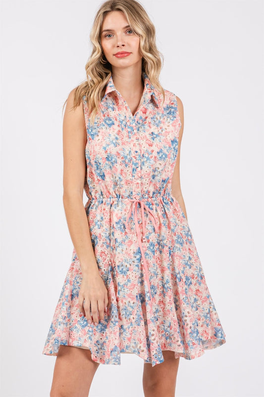 Blue Zone Planet | GeeGee Full Size Floral Eyelet Sleeveless Mini Dress-TOPS / DRESSES-[Adult]-[Female]-Pink Multi-S-2022 Online Blue Zone Planet