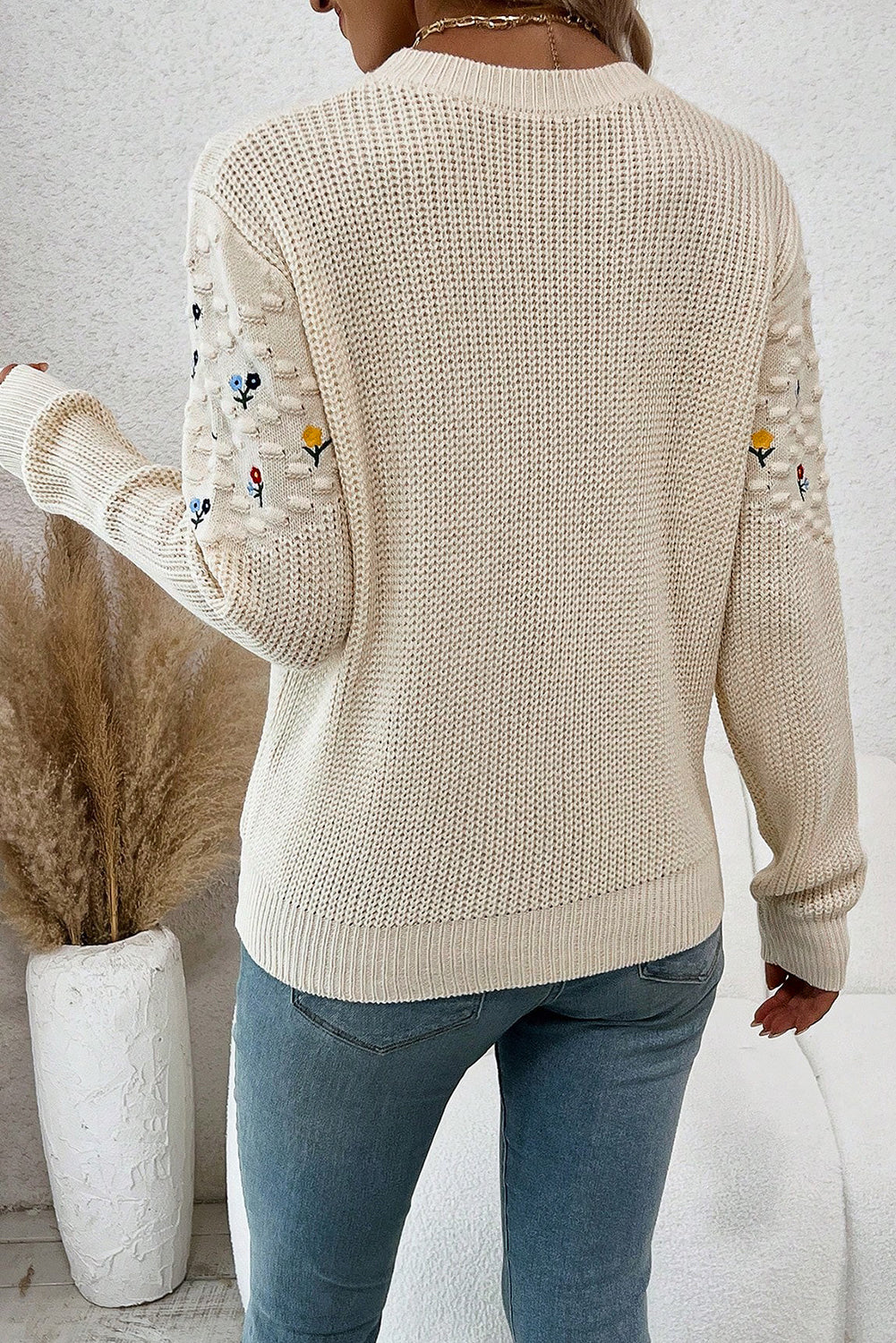 Jet Stream Mixed Texture Knit Flower Embroidered Detail Casual Sweater-TOPS / DRESSES-[Adult]-[Female]-2022 Online Blue Zone Planet