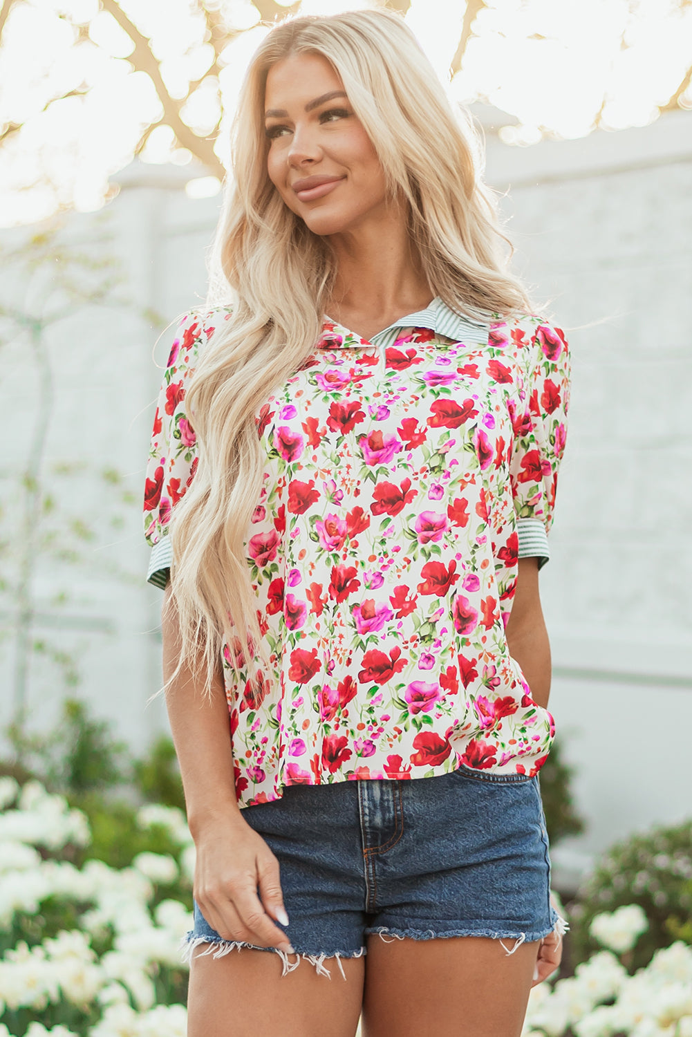 Red Floral Print Striped Patchwork Collared Short Sleeve Blouse-Tops/Blouses & Shirts-[Adult]-[Female]-2022 Online Blue Zone Planet