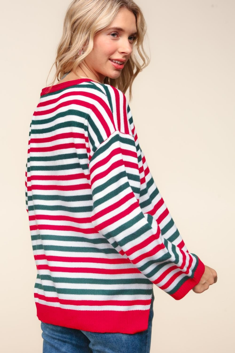 Blue Zone Planet | Haptics Full Size Striped Contrast Side Slit Knit Top-TOPS / DRESSES-[Adult]-[Female]-2022 Online Blue Zone Planet